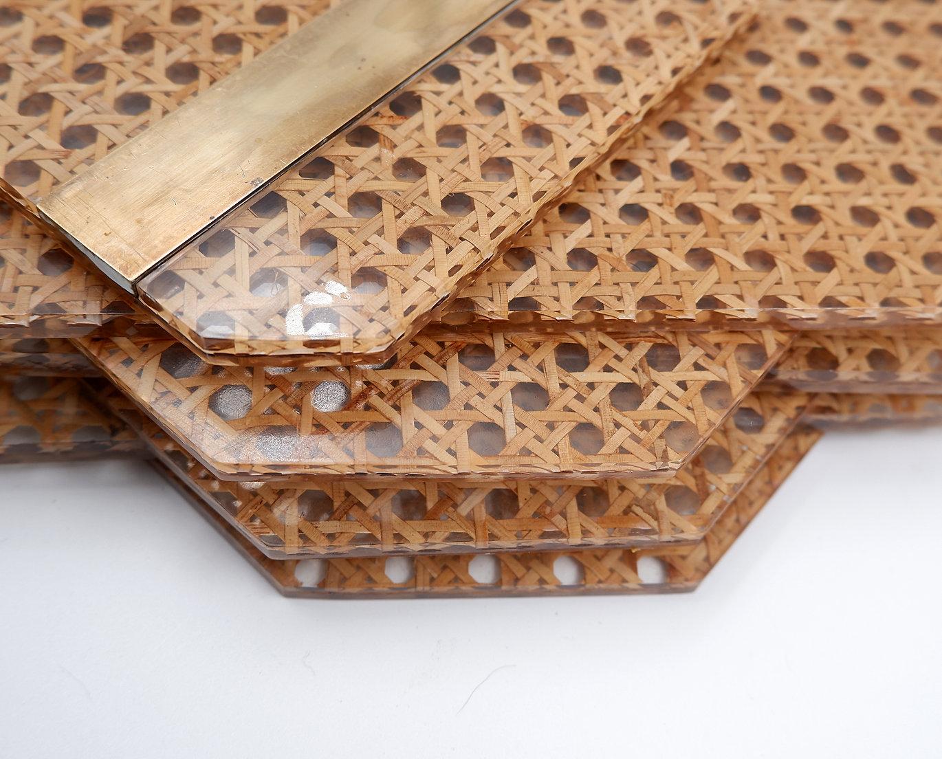 Christian Dior Home set of 6 Under Plate and 2 under dish
Table Art - Decor - Home decor 1970s
Measures : Under plates 35,5x35,5cm - Under dish : 35,5x17,5cm
Material : Lucite - Cane - Brass 
Some wear marks in the lucite and brass - see photos