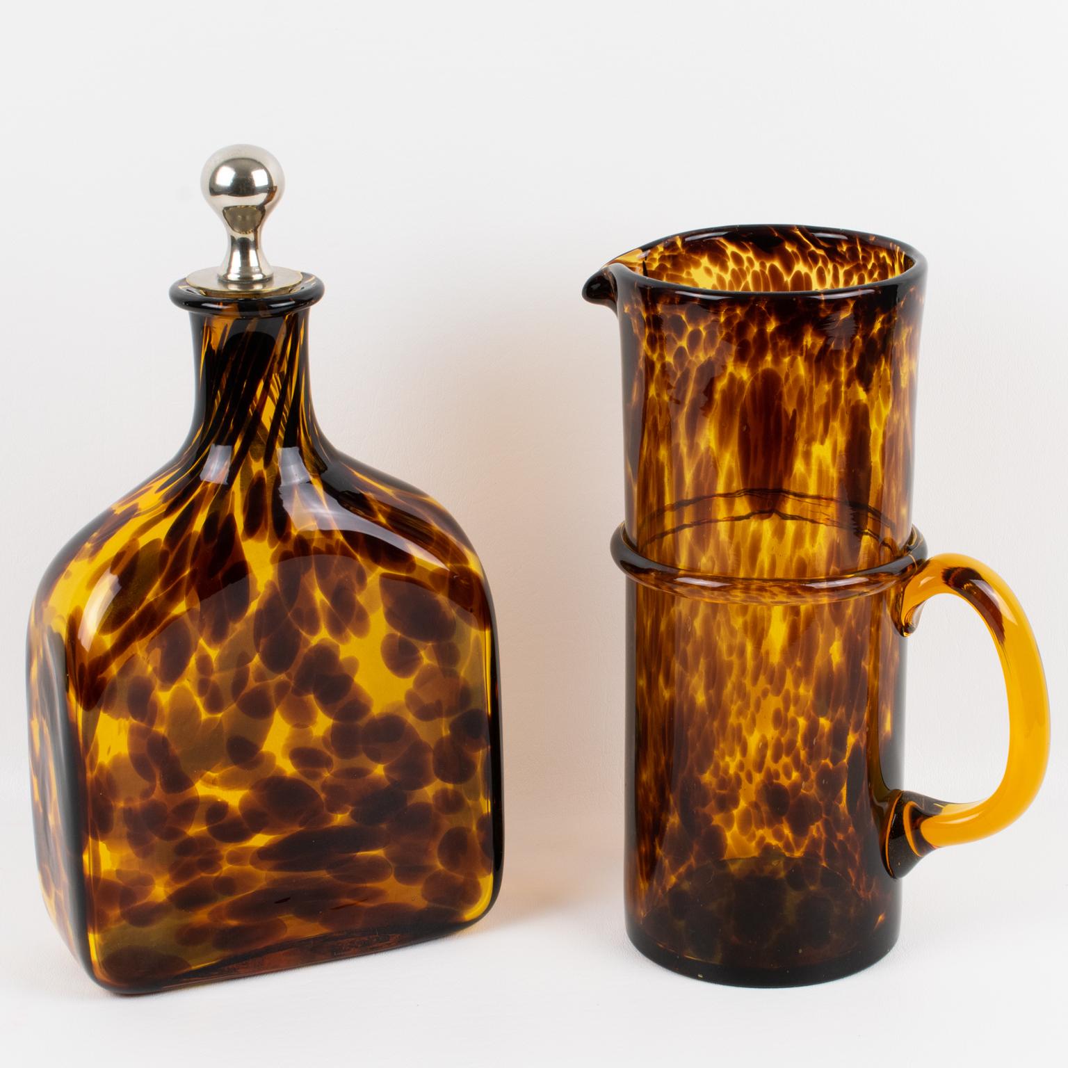 Mid-Century Modern Christian Dior Home Tortoiseshell Glass Barware Set Pitcher and Decanter For Sale