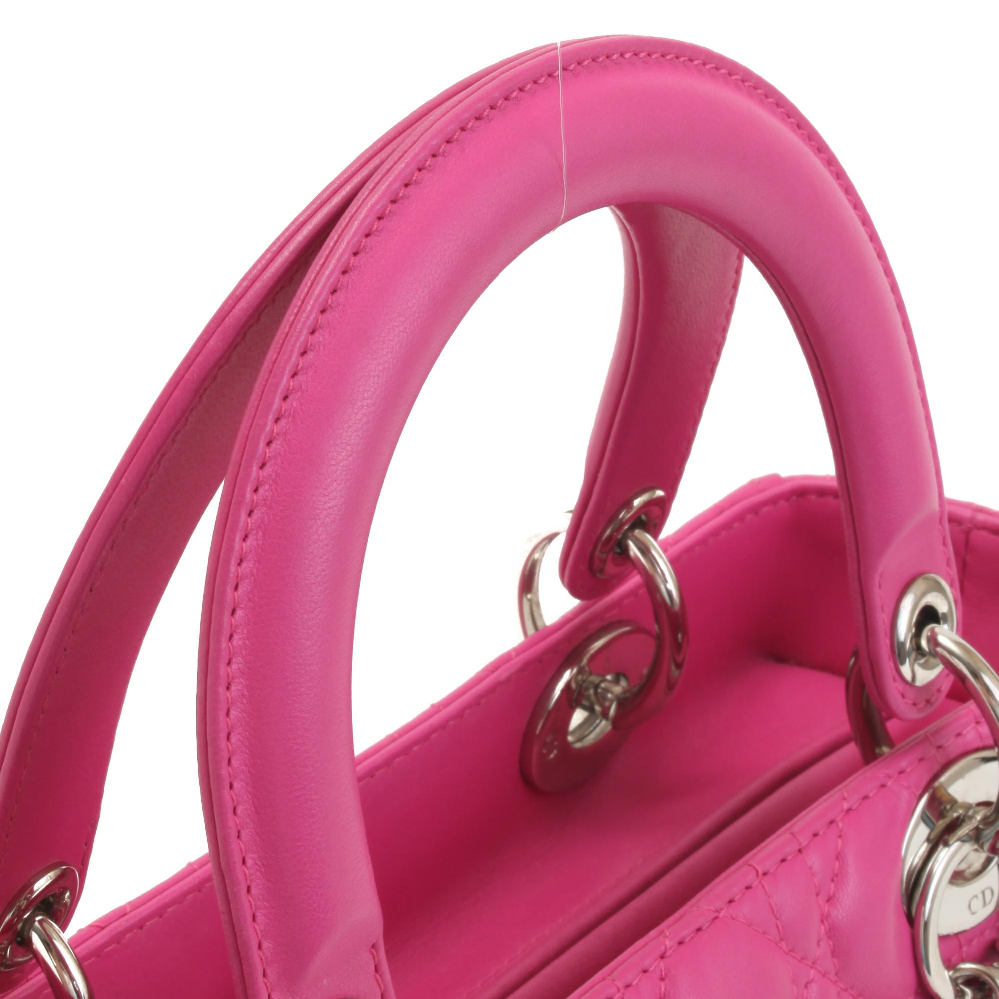 Christian Dior Hot Pink Quilted Cannage Leather Lady Dior Medium Handbag In Good Condition In Irvine, CA