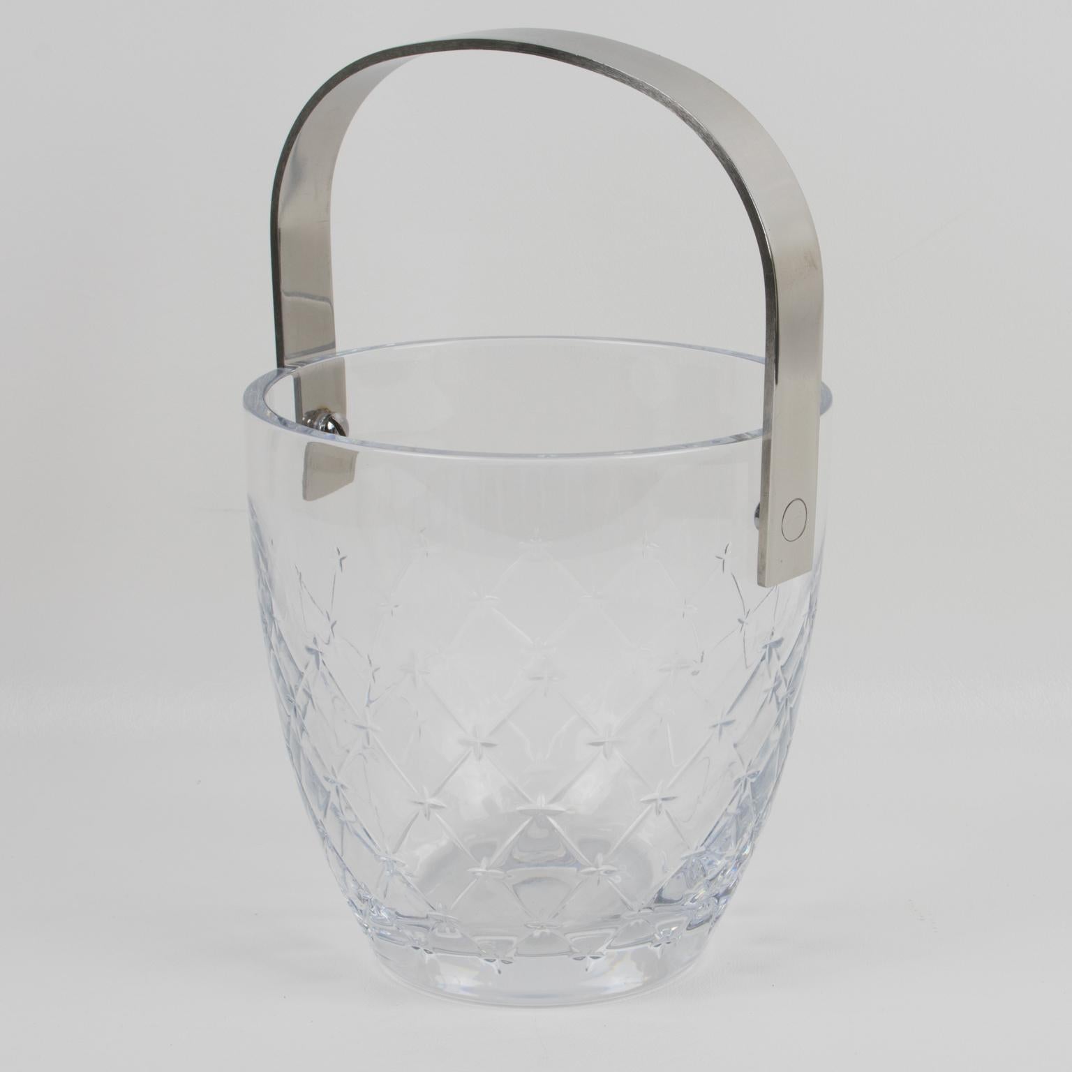 Mid-Century Modern Christian Dior Ice Bucket Cooler Etched Crystal and Stainless Steel