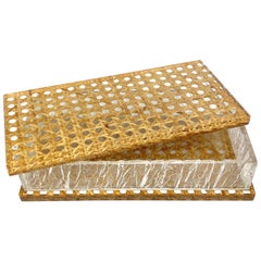 Christian Dior Ice Effect Lucite and Wicker Rattan Box, France, 1970s