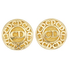 Christian Dior Iconic Classic Unisex Gold Round Circle CD Button Clip Earrings