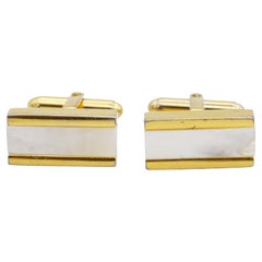 Boutons de manchette classiques Christian Dior : modèle « Rectangle » emblématique en or, avec pierre de lune et marbre blanc