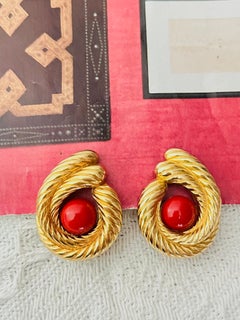 Christian Dior Iconic Gold Red Cabochon Double Rope Swirl Statement Earrings