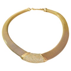 Christian Dior Iconic Gold Unisex Crystals Wide Mesh Woven Omega Chunky Necklace