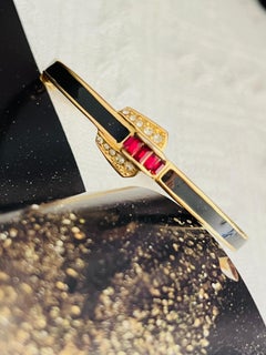 Christian Dior Iconic Rare Unisex Gold Red Ruby Crystals Black Bangle Bracelet