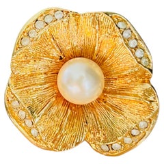 Christian Dior Iconic Unisex Gold White Pearl Crystals Flower Clover Pin Brooch