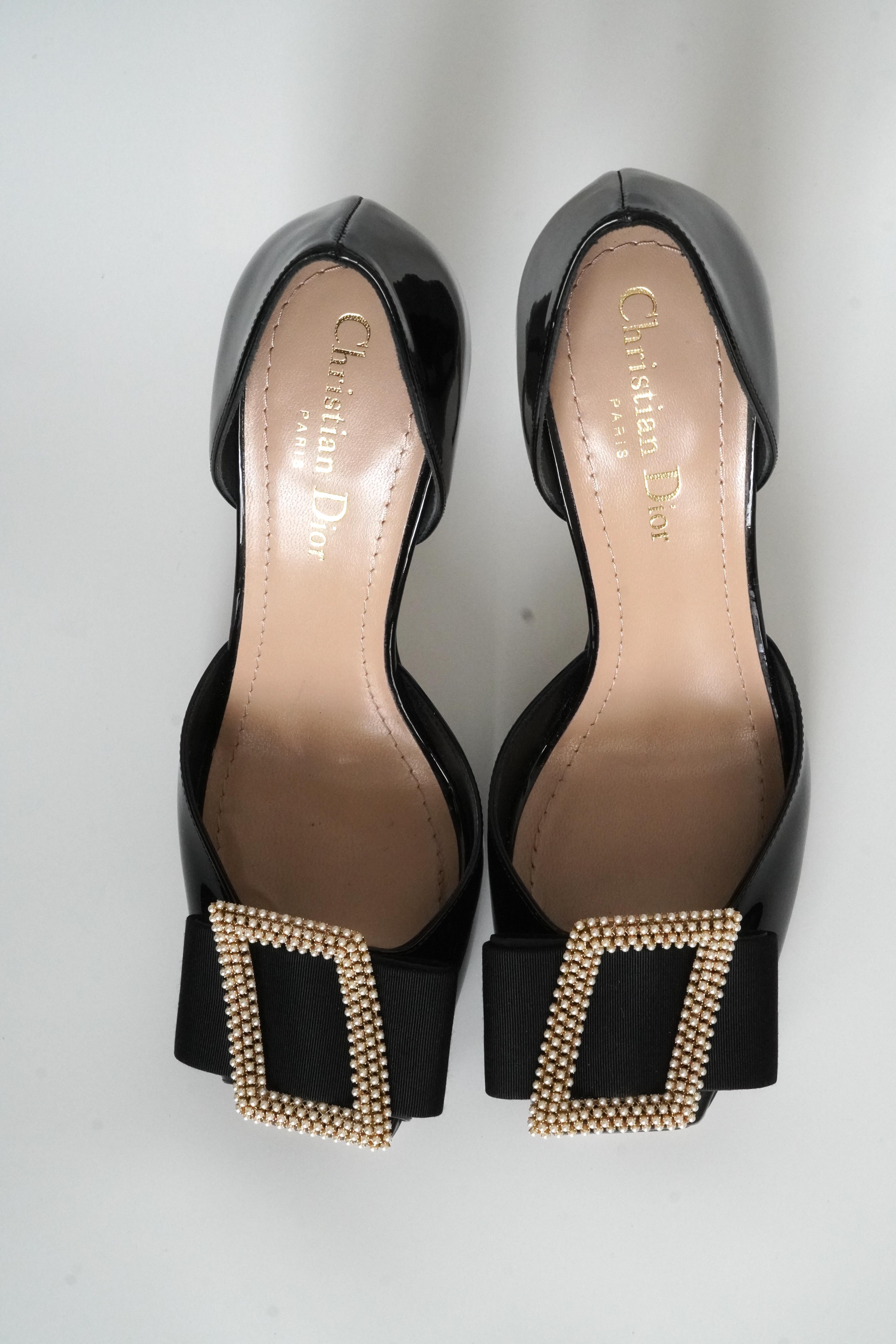Women's Christian Dior Idylle Black Patent Leather Heeled Sandals sz 38.5