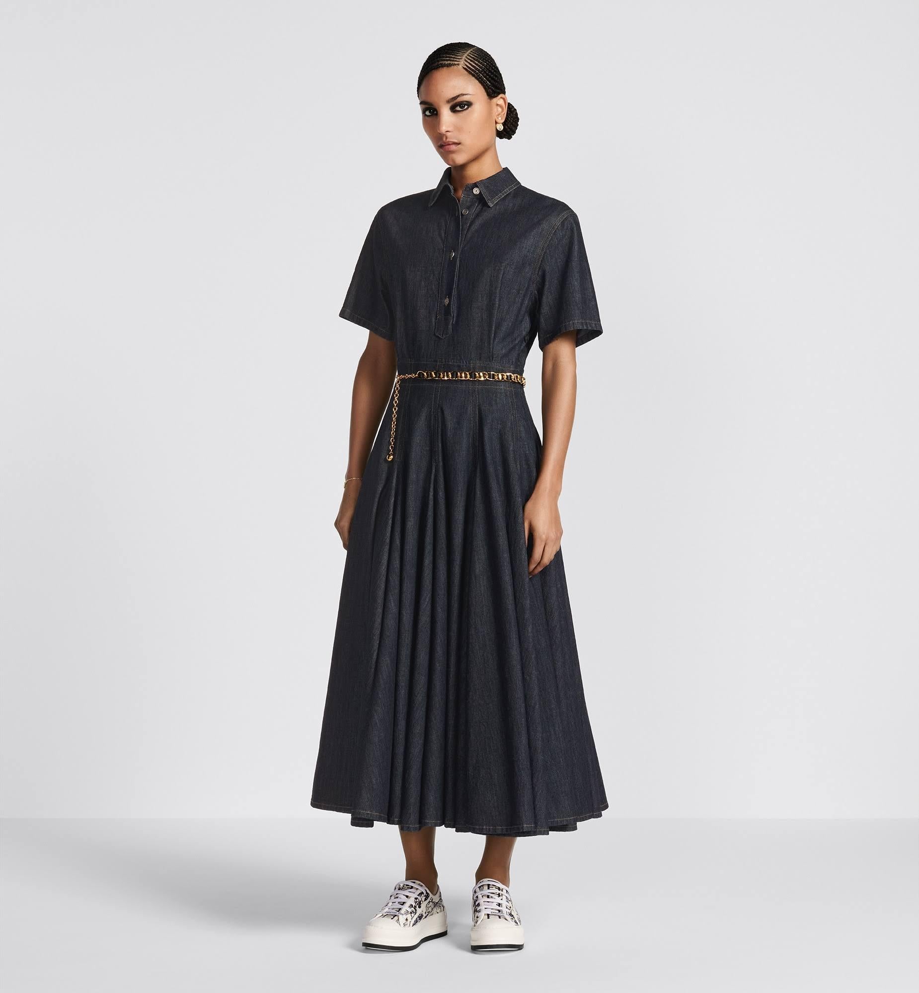 CHRISTIAN DIOR indigo blue cotton 2023 FLARED DENIM MIDI SHIRT Dress 34 XS 3