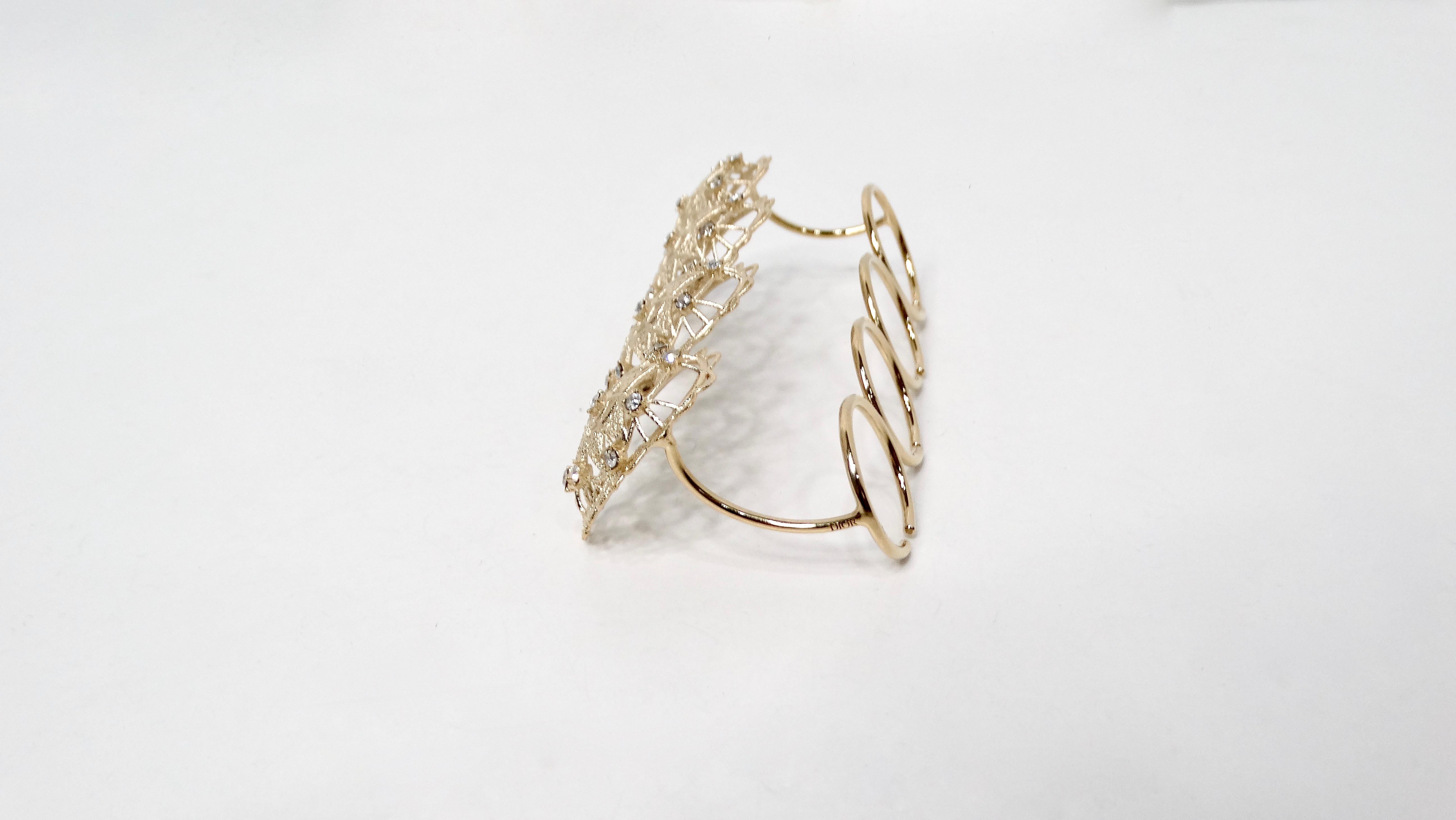 Women's Christian Dior Intricate Crystal Detailed Gold-Tone Four-Finger Statement Ring