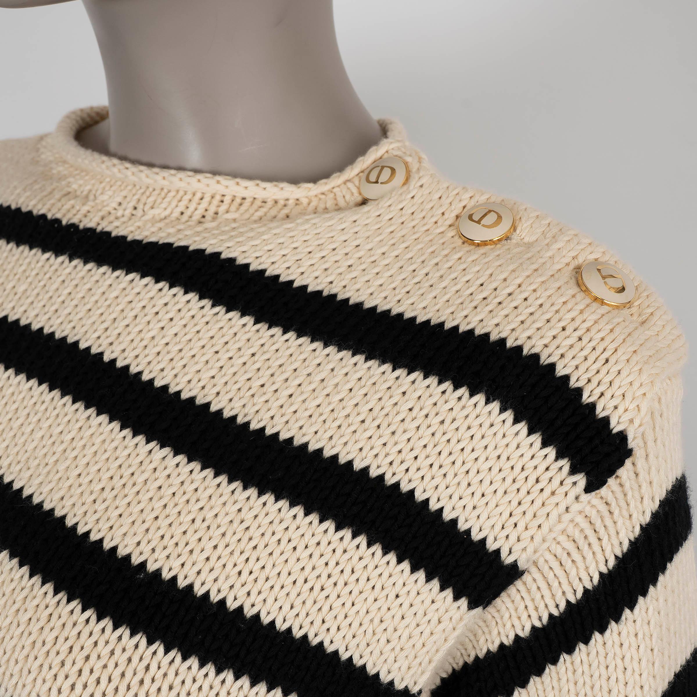 CHRISTIAN DIOR Maglione a righe in cotone avorio e nero 2020 MARINIERE 40 M. in vendita 1