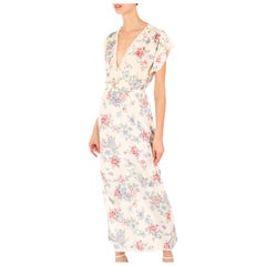 Christian Dior ivory blue pink floral lace sleeveless night gown maxi slip dress