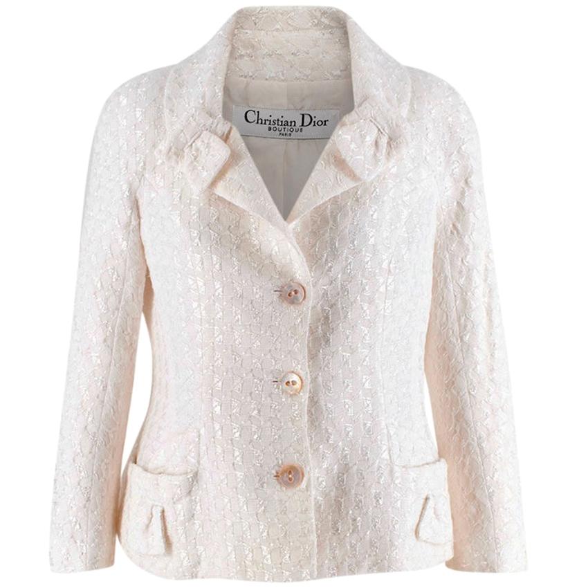 Christian Dior Ivory Cotton Blend Textured Bar Jacket - Size US 10 For Sale