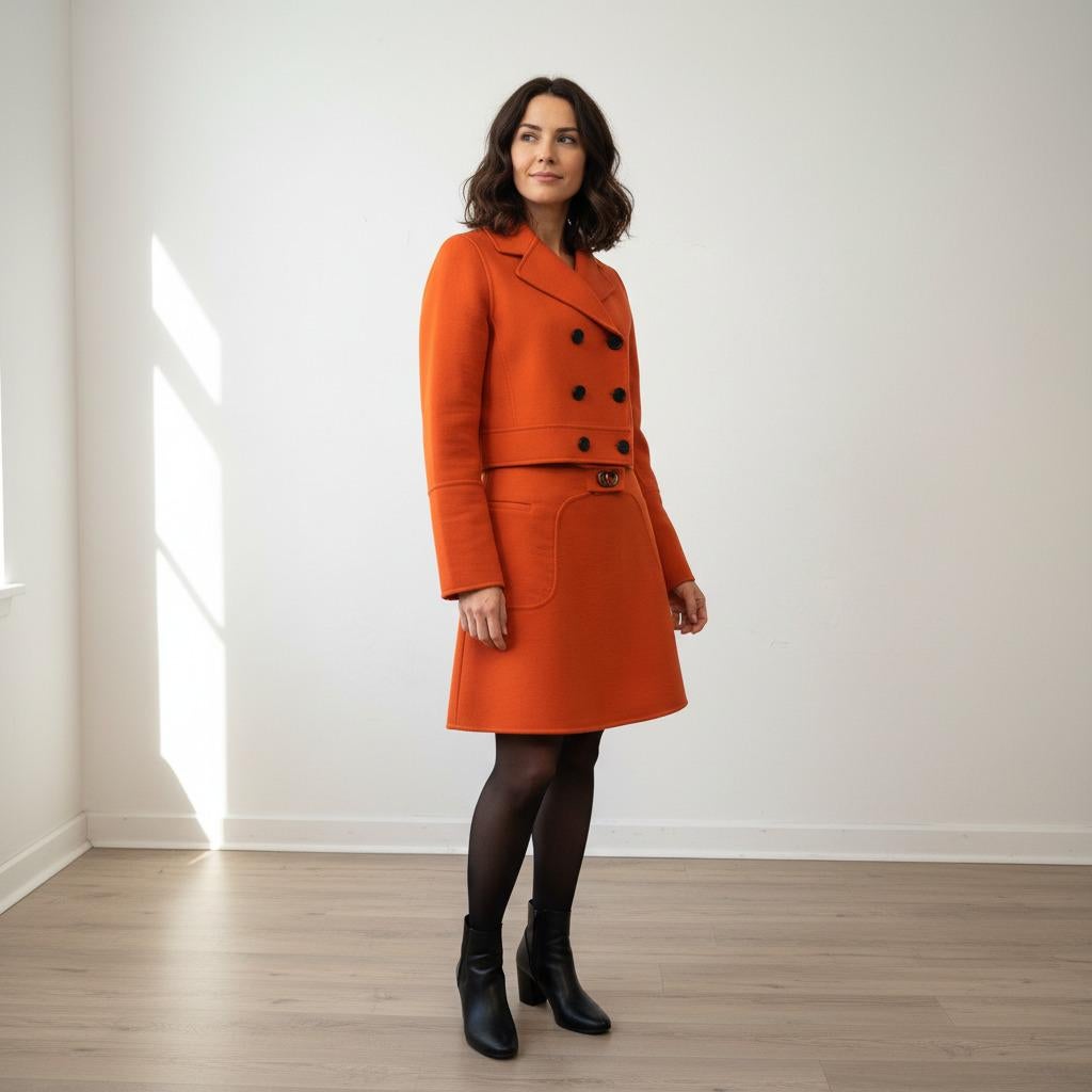 Super chic e dal colore fantastico
Abito con giacca e minigonna Christian Dior
Lana (82%), pelo di coniglio e poliammide
Colore arancione
Giacca a doppio petto
Bottoni neri
Mini gonna con due taschini
Fibbia CD in metallo
Giacca: 
Lunghezza