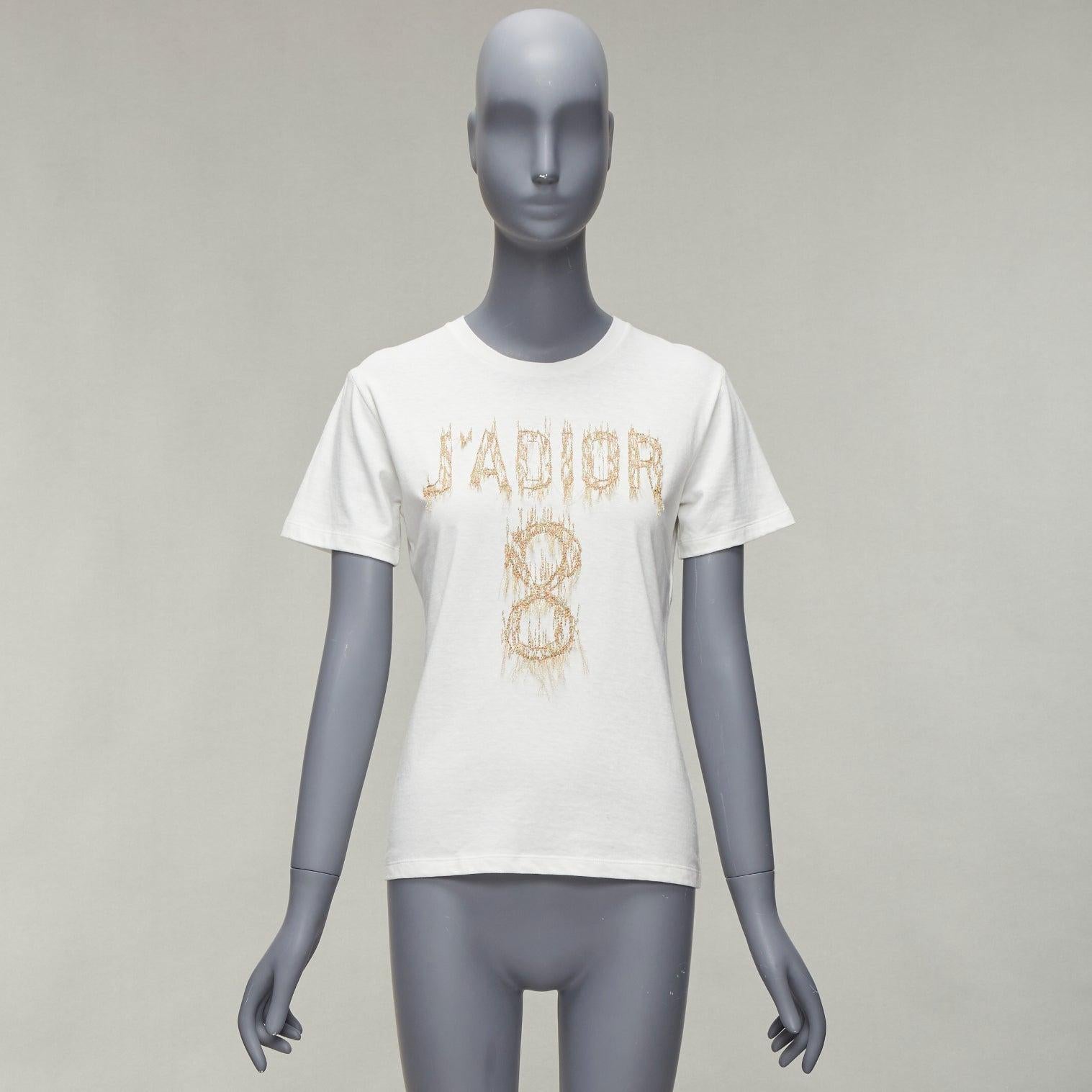 CHRISTIAN DIOR Jadior 8 gold lurex embroidery white cotton linen tshirt XS For Sale 5