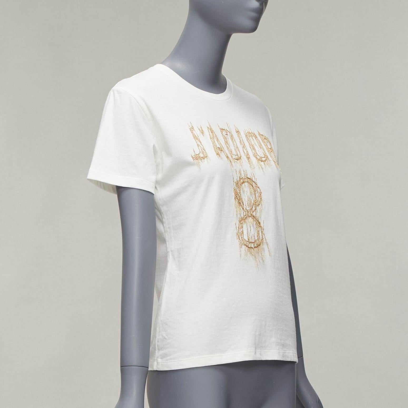 Gray CHRISTIAN DIOR Jadior 8 gold lurex embroidery white cotton linen tshirt XS For Sale