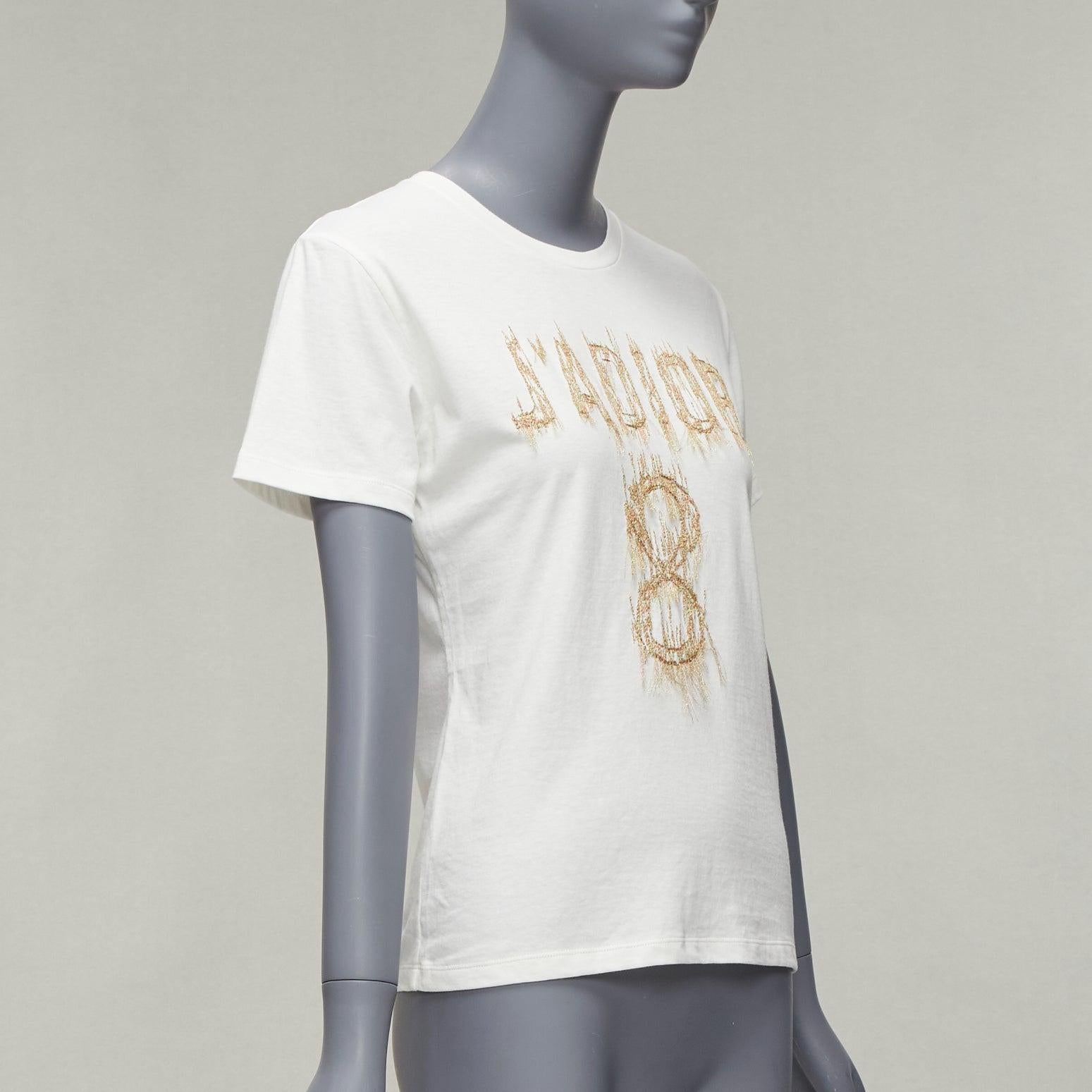 CHRISTIAN DIOR Jadior 8 gold lurex embroidery white cotton linen tshirt XS In Good Condition For Sale In Hong Kong, NT