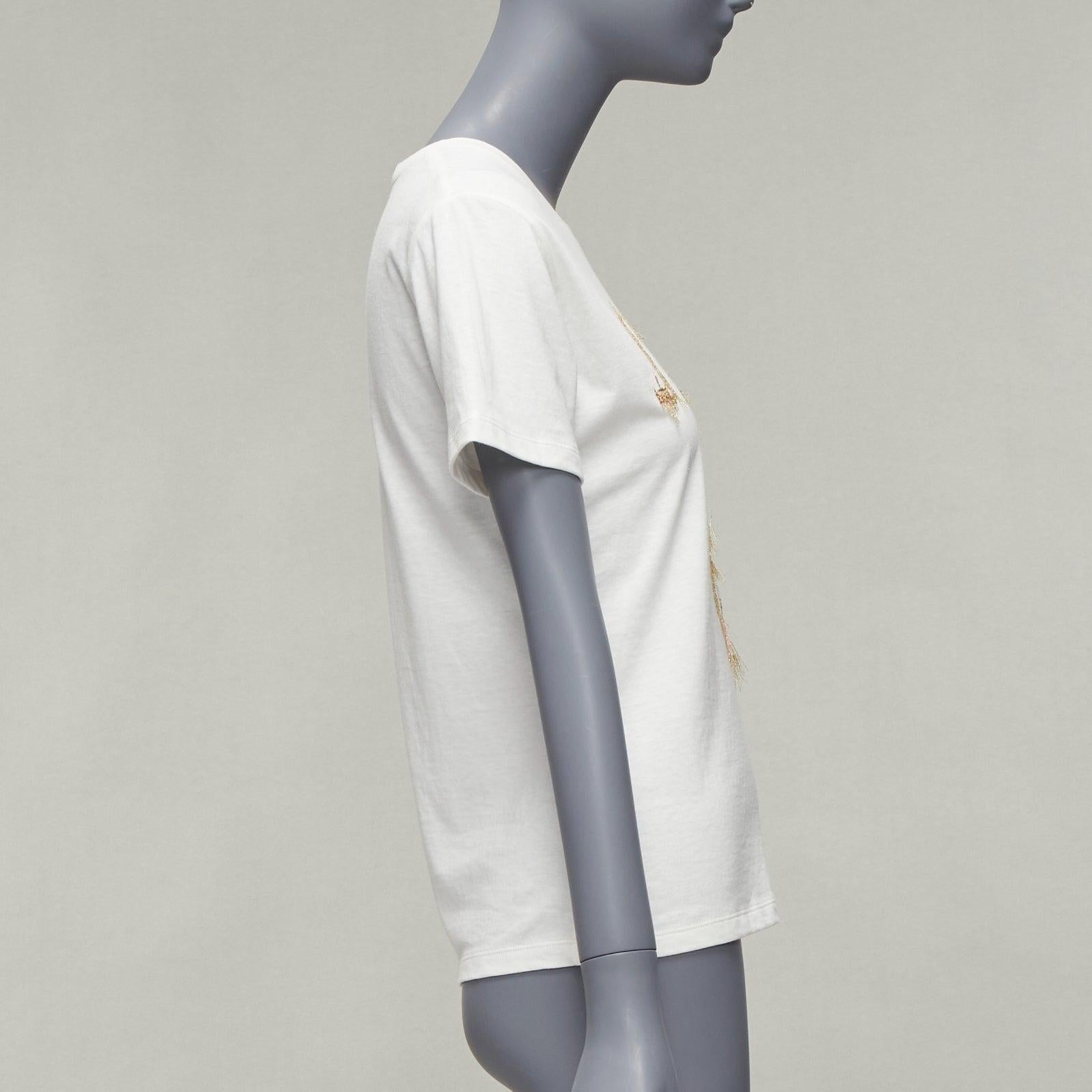 CHRISTIAN DIOR Jadior 8 gold lurex embroidery white cotton linen tshirt XS In Good Condition For Sale In Hong Kong, NT
