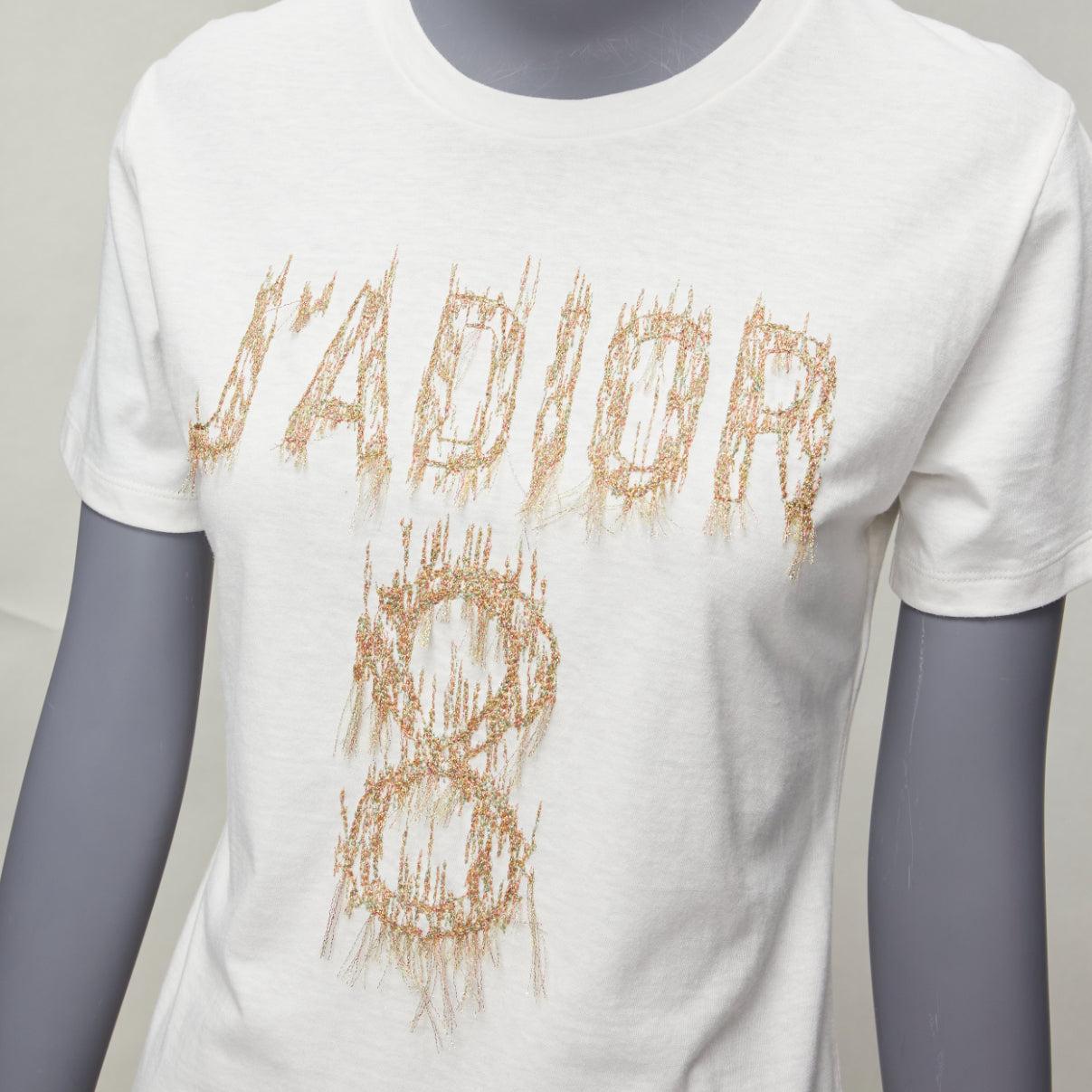 CHRISTIAN DIOR Jadior 8 gold lurex embroidery white cotton linen tshirt XS For Sale 3