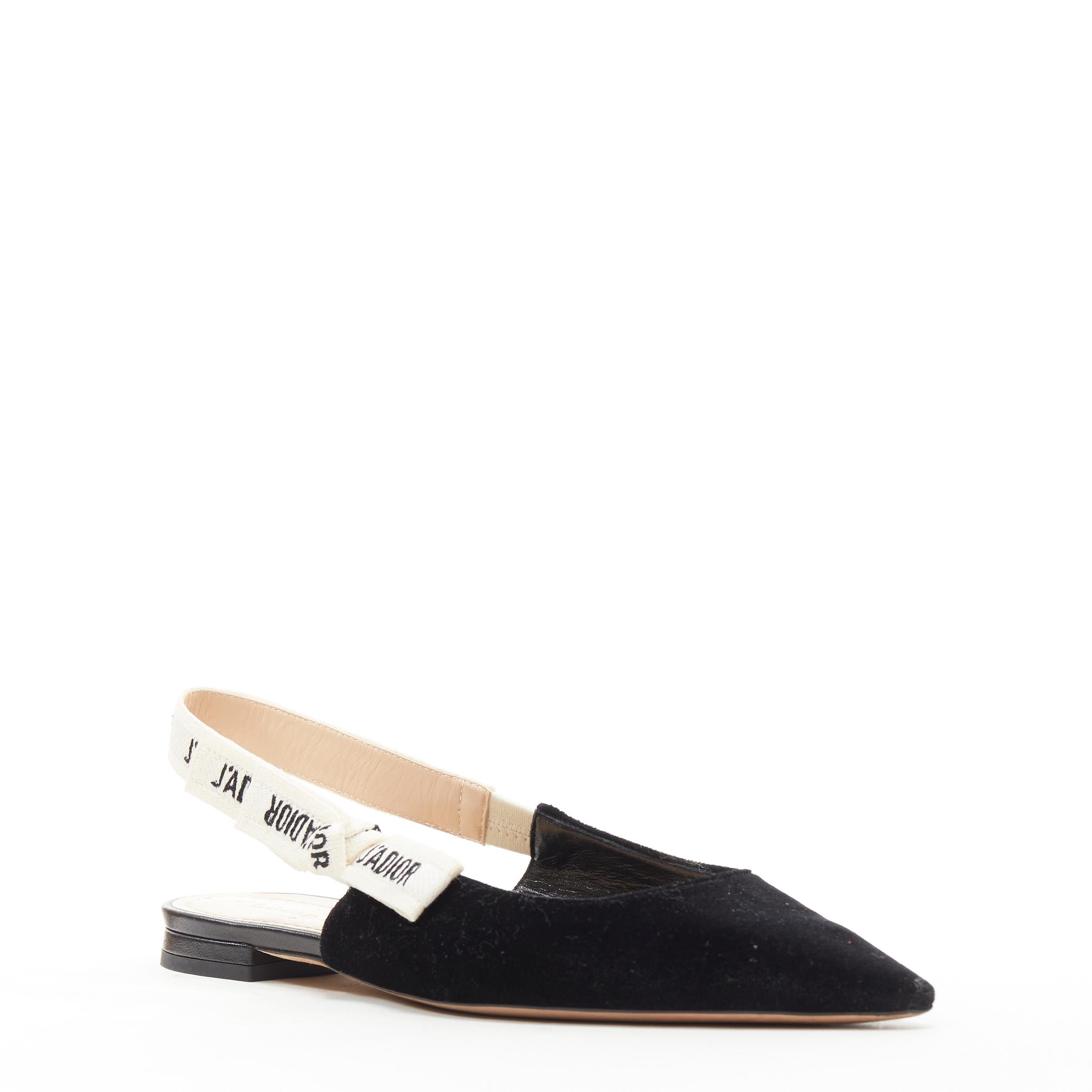 CHRISTIAN DIOR J'adior black velvet logo bow slingback flats EU37 
Reference: LNKO/A01780 
Brand: Chritian Dior 
Model: J'adior flats 
Material: Velvet 
Color: Black 
Pattern: Solid 
Closure: Sling back 
Made in: Italy 

CONDITION: 
Condition: