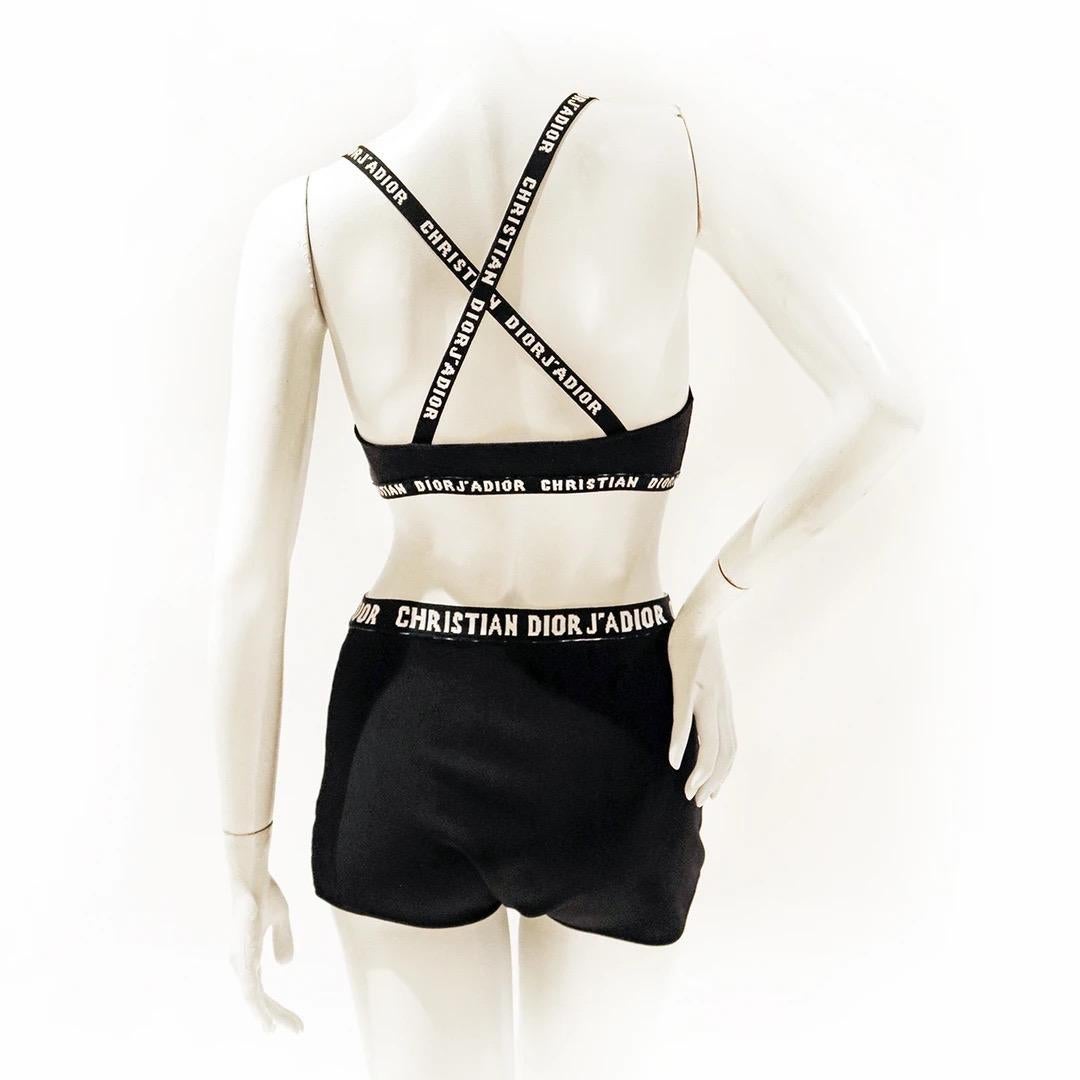 Christian Dior by Maria Grazia Chiuri Bralette and Brief Set 
Pre-Fall 2017 
Black and White 
Knit fabric 
Christian Dior J'aDior logo trim 
Straps cross in back in an X pattern
Triangle style bralette 
High-Waisted Brief 
Fabric Composition; 52%