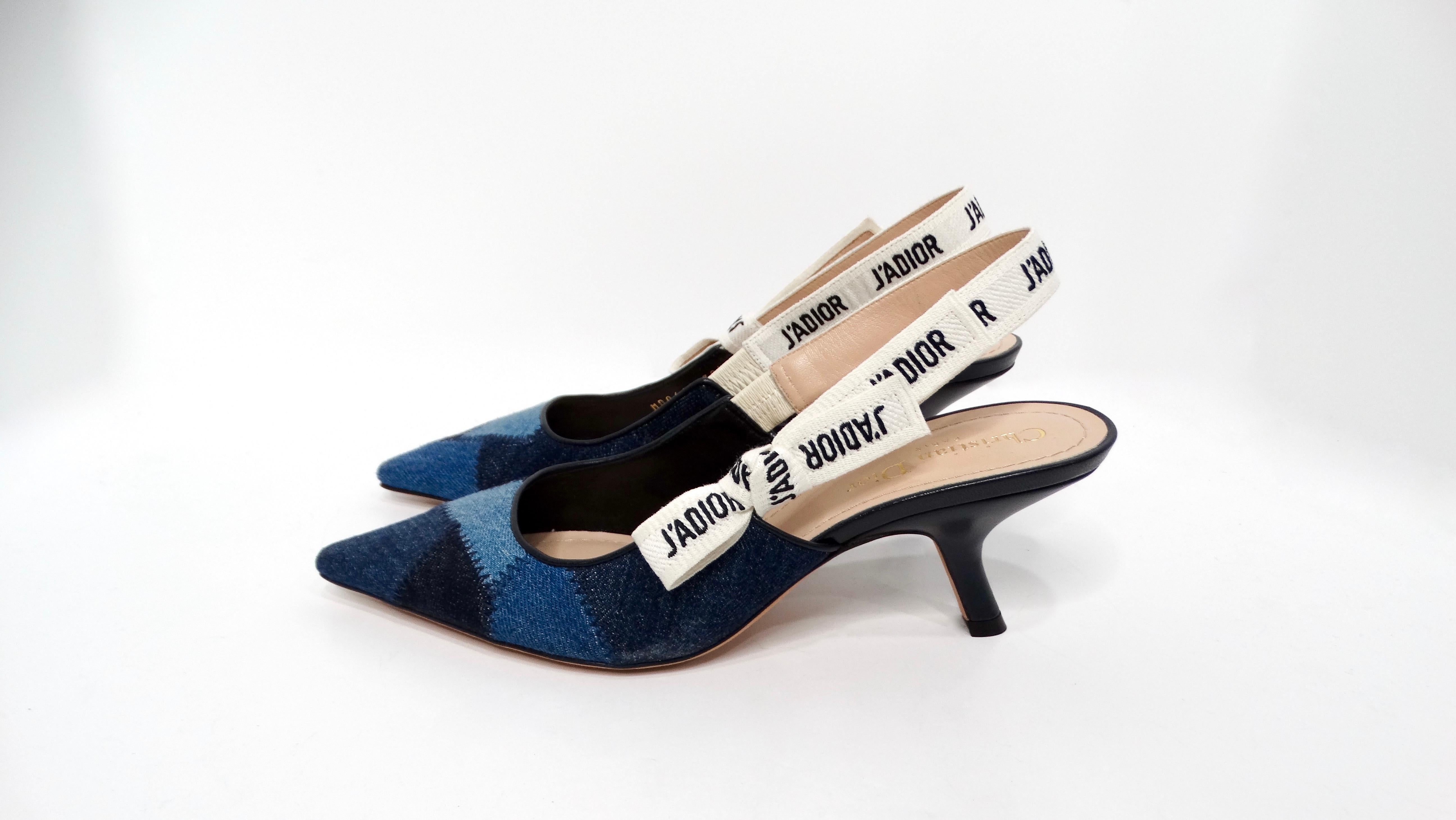 The Christian Dior J'ADIOR Denim Patchwork Slingback Kitten Heels are a striking blend of modern style and classic elegance. These unique pumps showcase a chic denim patchwork design, perfect for injecting a casual yet sophisticated vibe into your
