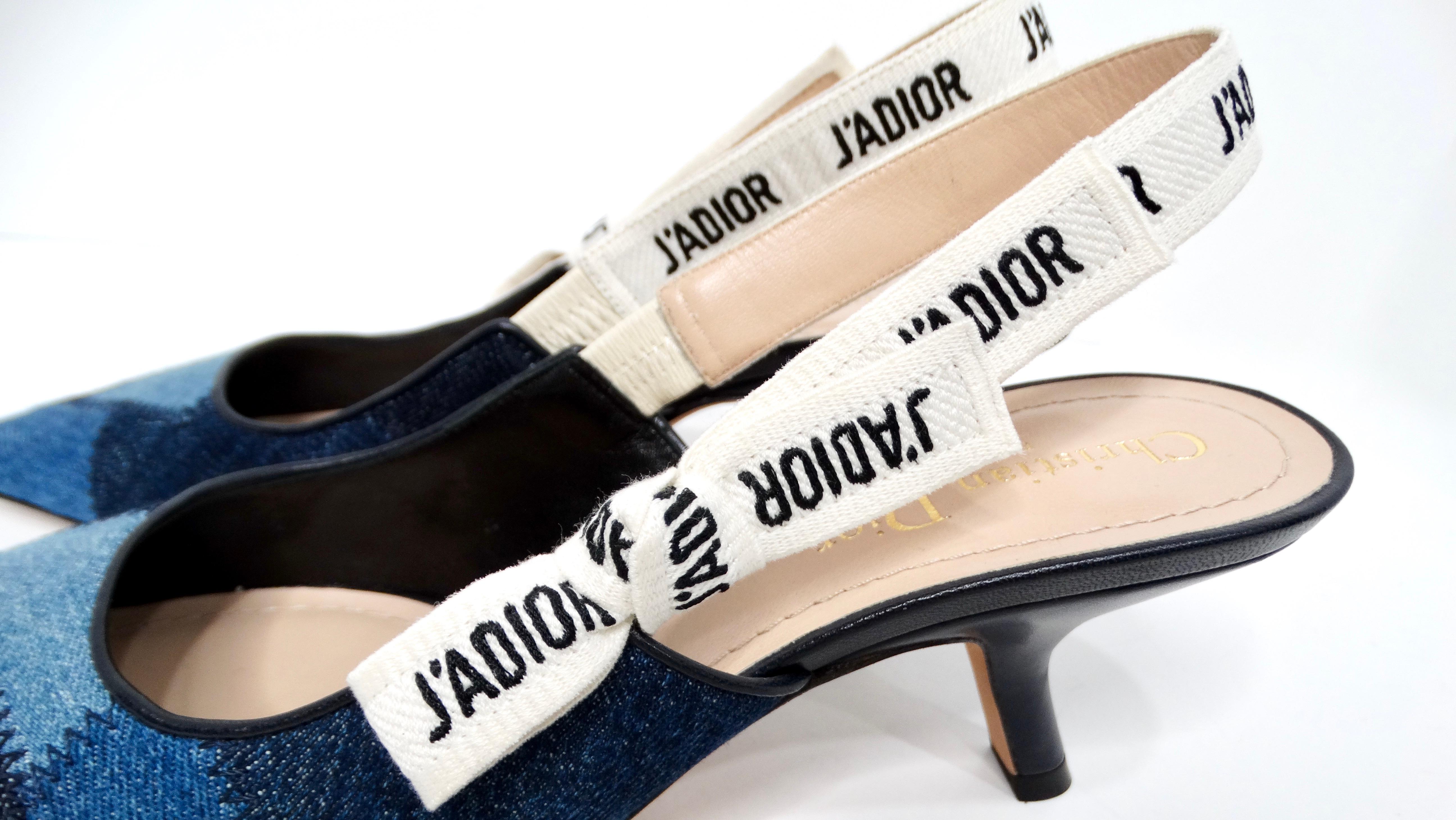 Beige Christian Dior J'ADIOR Denim Patchwork Slingback Kitten Heels For Sale