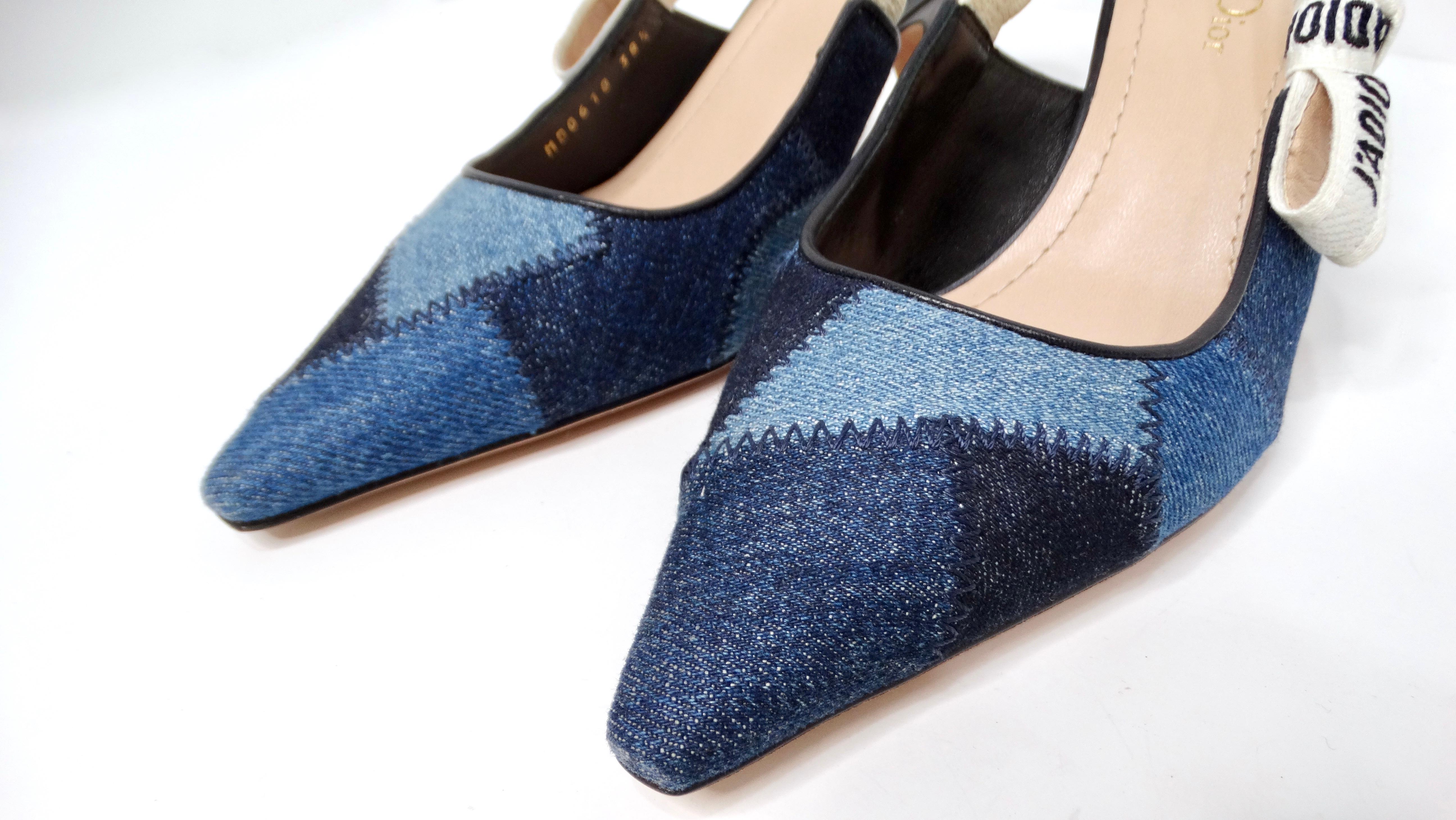 Christian Dior J'ADIOR Denim Patchwork Slingback Kitten Heels In Good Condition For Sale In Scottsdale, AZ