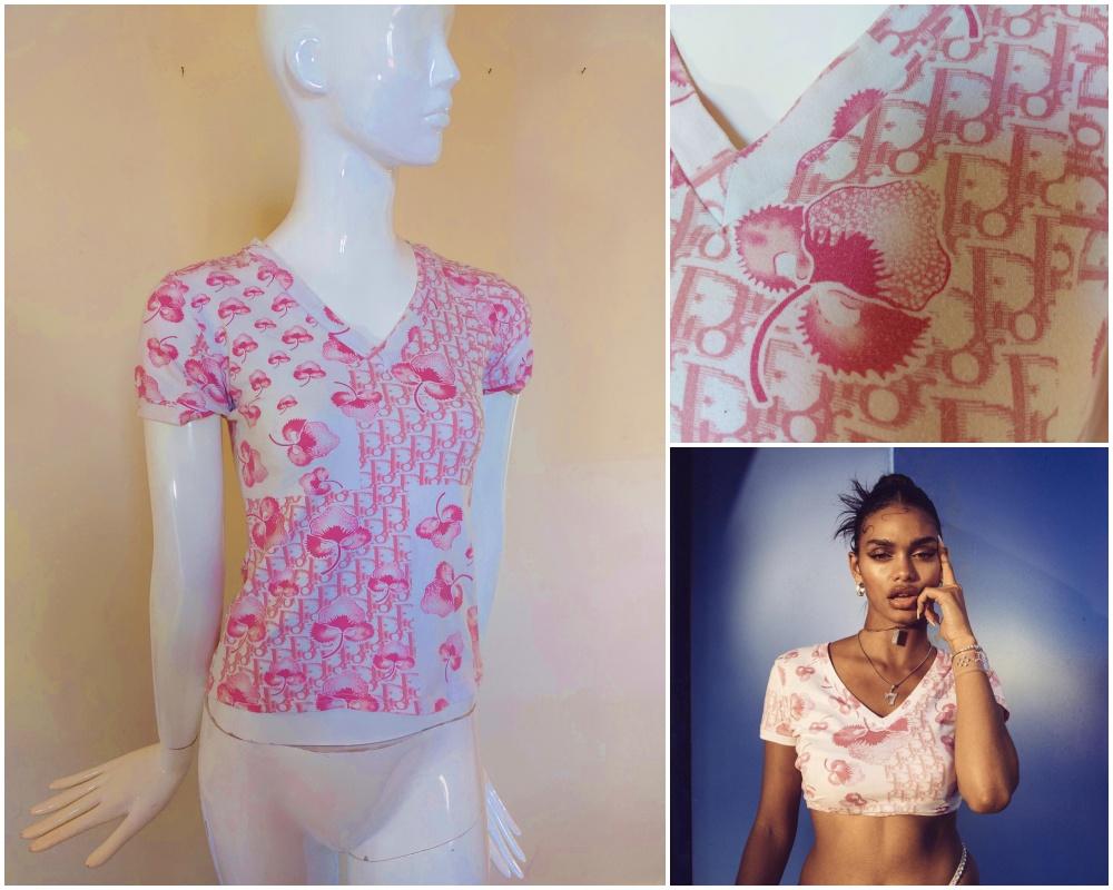 Christian Dior J’adore Cherry Blossom Monogram Floral Logo Pink Top Shirt 7