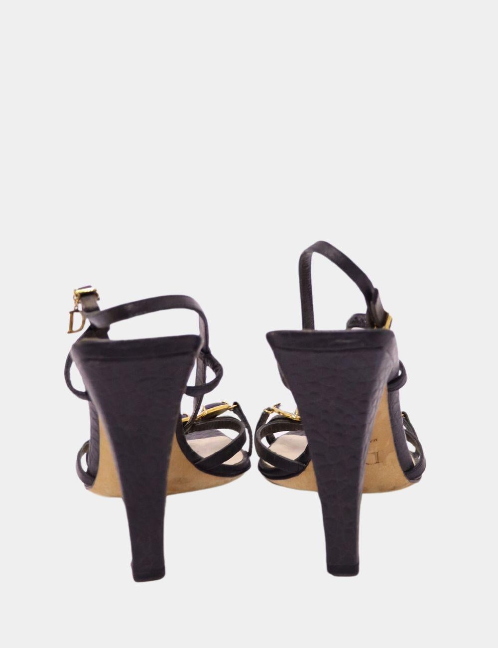Christian Dior Jeweled 'Piedra' Sandals, Features three gemstones, square toe and slingback style.

Material: Leather 
Size: EU 38
Heel Height: 10cm
Overall Condition: Good
Interior Condition: Signs of use
Exterior Condition: Light scratches 