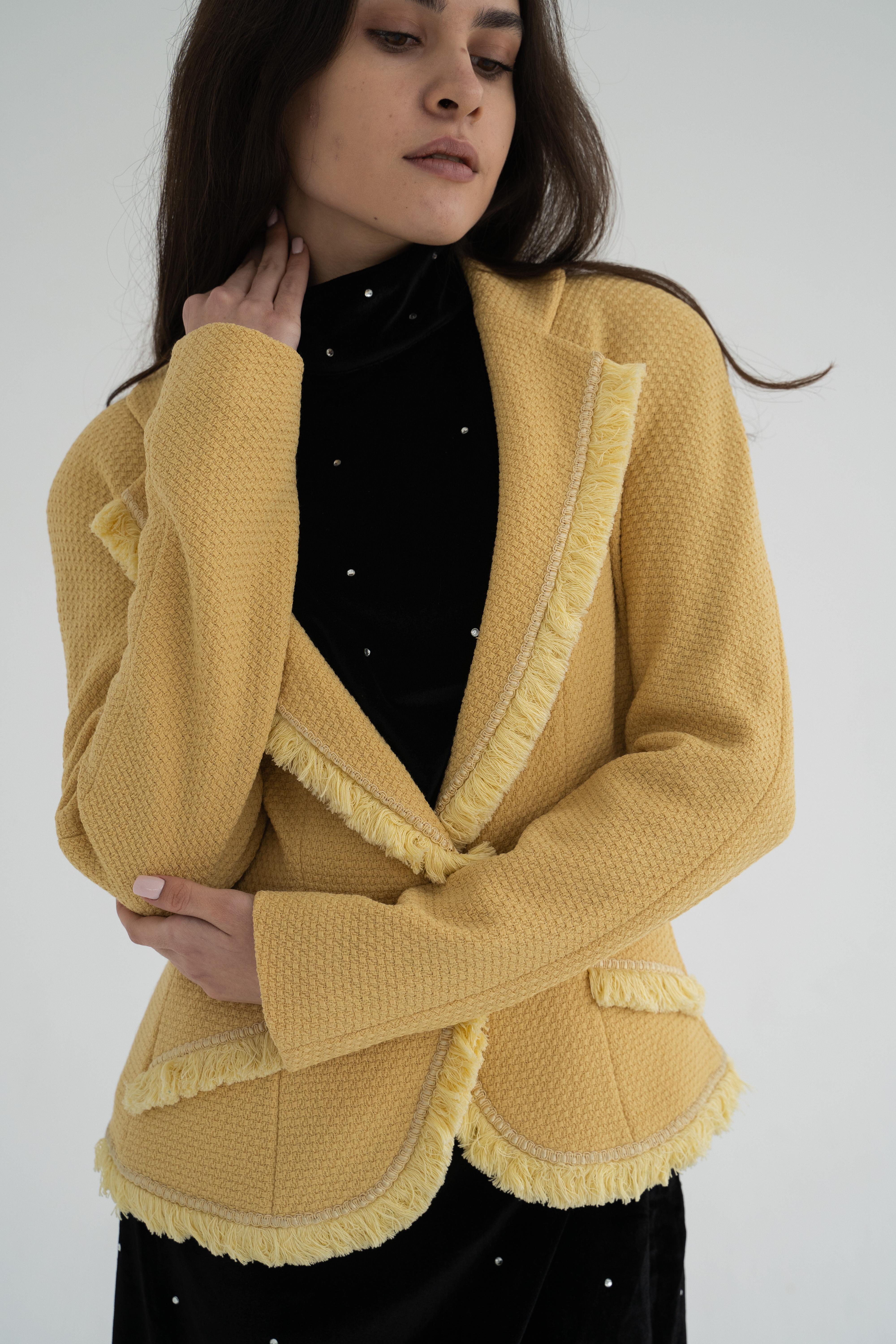 Christian Dior & John Galliano 1997 Geisha / Pin-up Yellow Wool Tweed Jacket For Sale 15