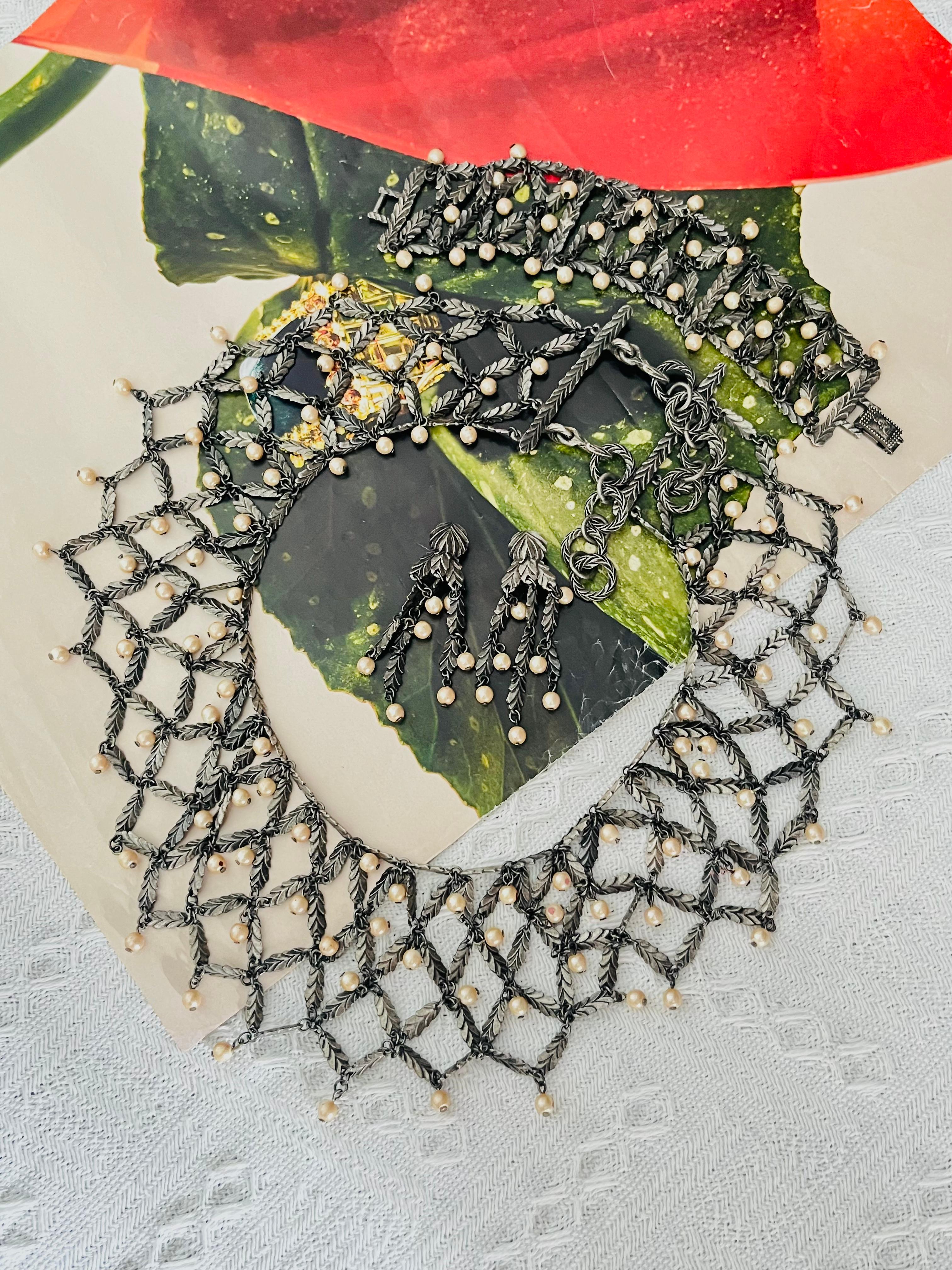 Art Deco CHRISTIAN DIOR John Galliano 1998 Beads Pearls Leaf Feather Layer Lattice 3 Set For Sale