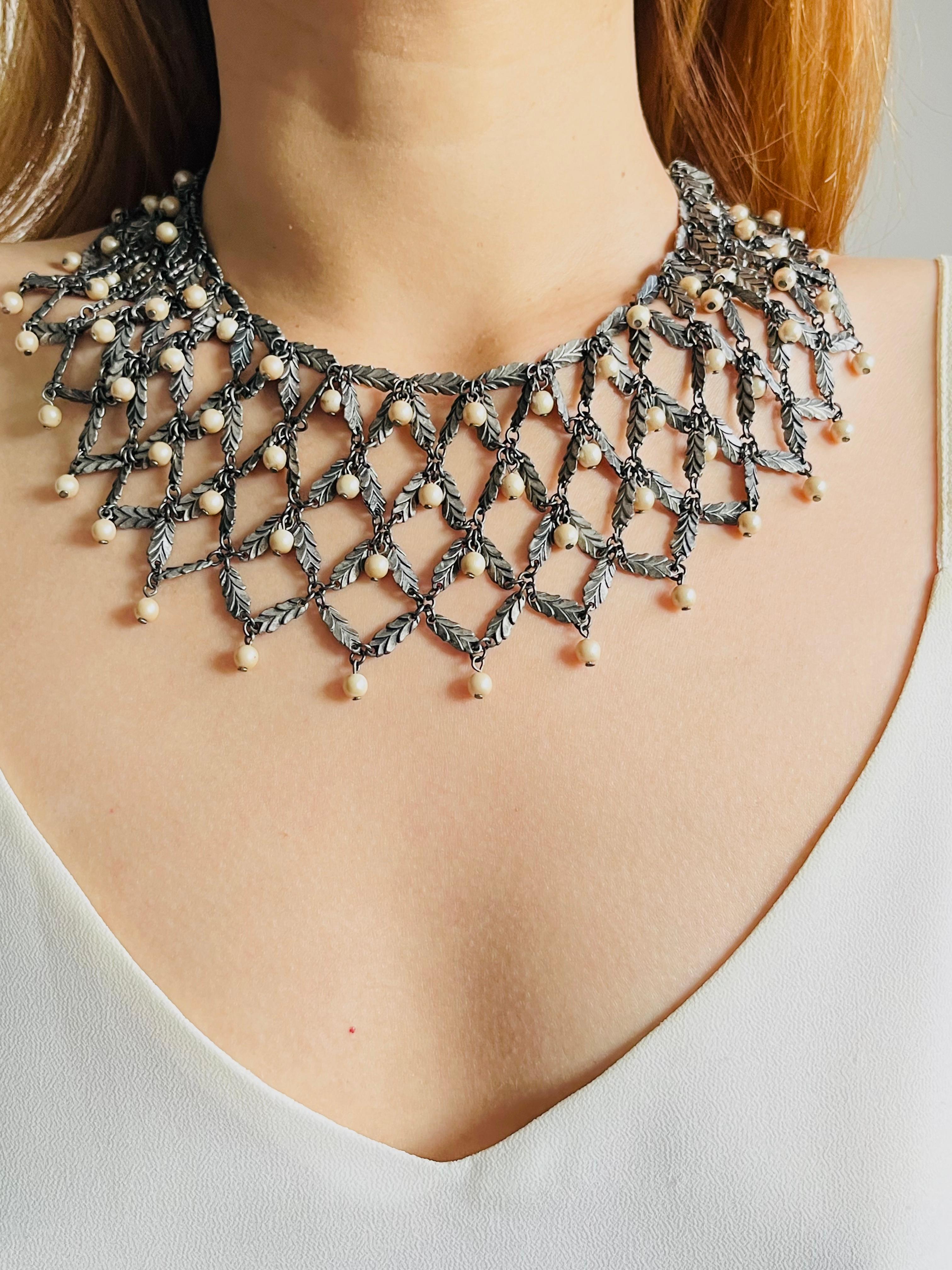 CHRISTIAN DIOR John Galliano 1998 Beads Pearls Leaf Feather Layer Lattice 3 Set For Sale 1