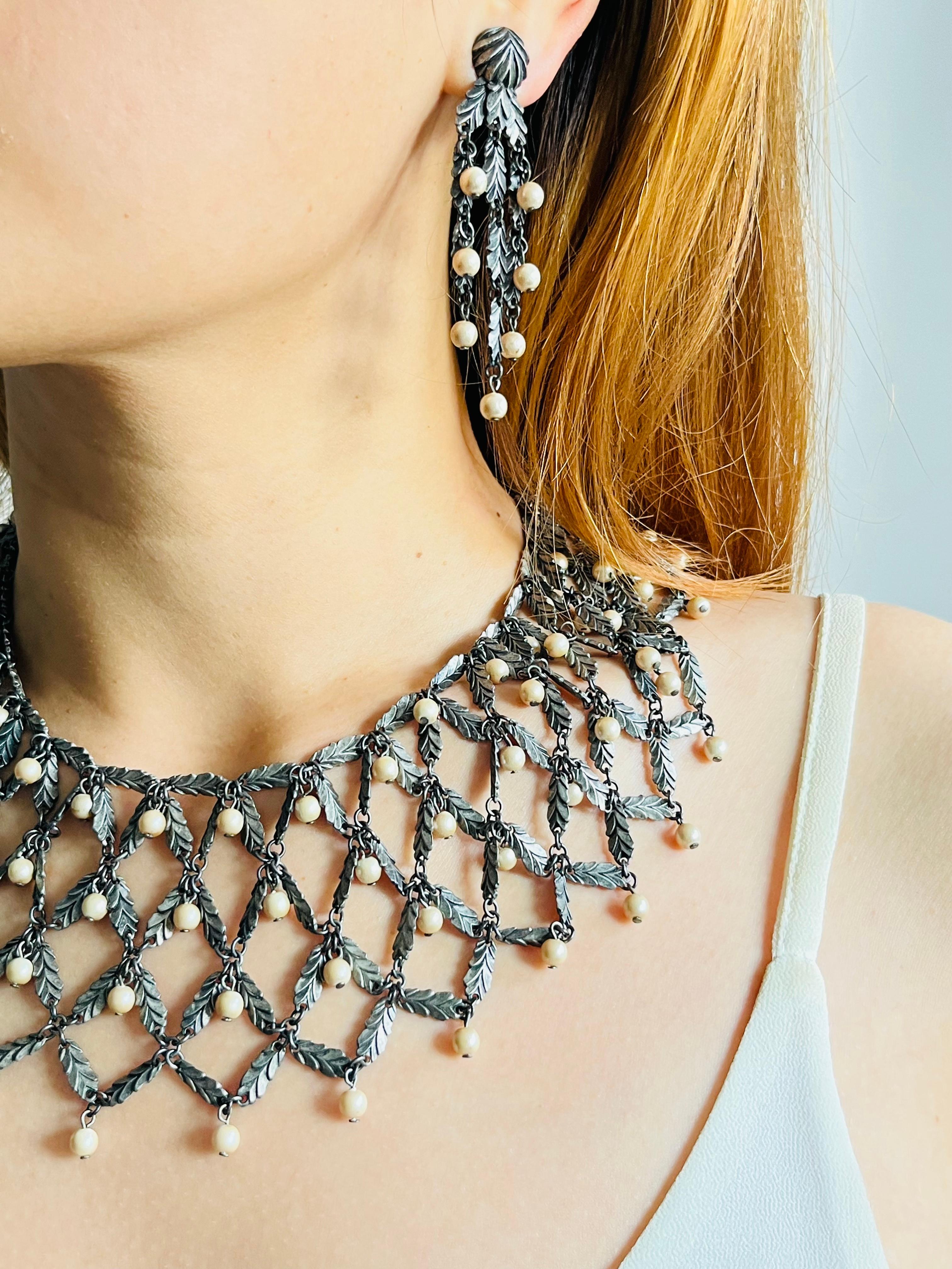 CHRISTIAN DIOR John Galliano 1998 Beads Pearls Leaf Feather Layer Lattice 3 Set For Sale 2