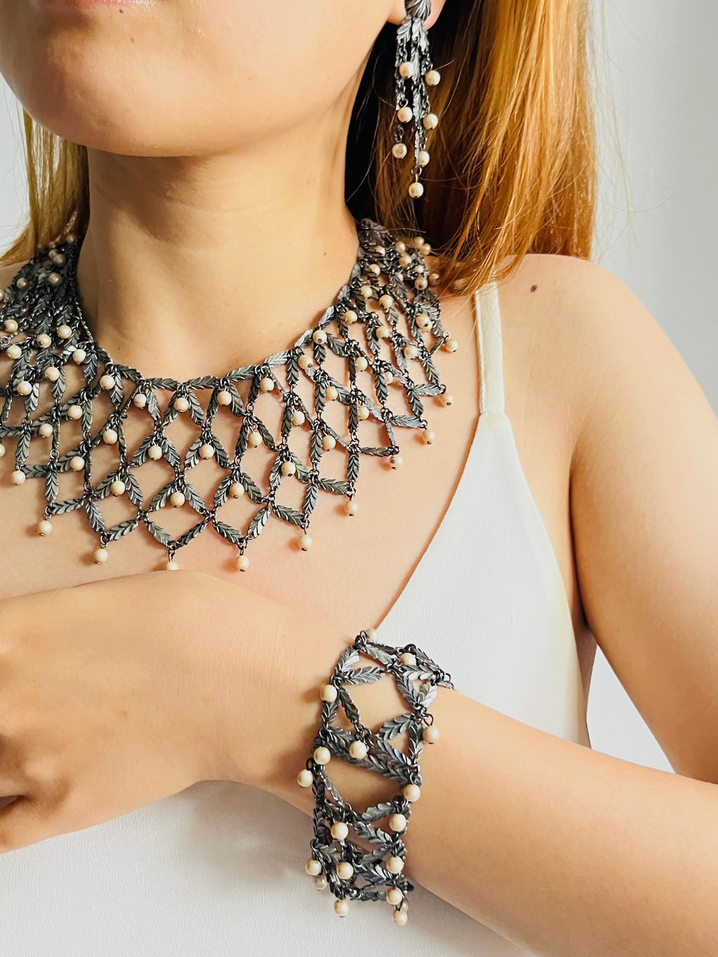 CHRISTIAN DIOR John Galliano 1998 Beads Pearls Leaf Feather Layer Lattice 3 Set For Sale 4