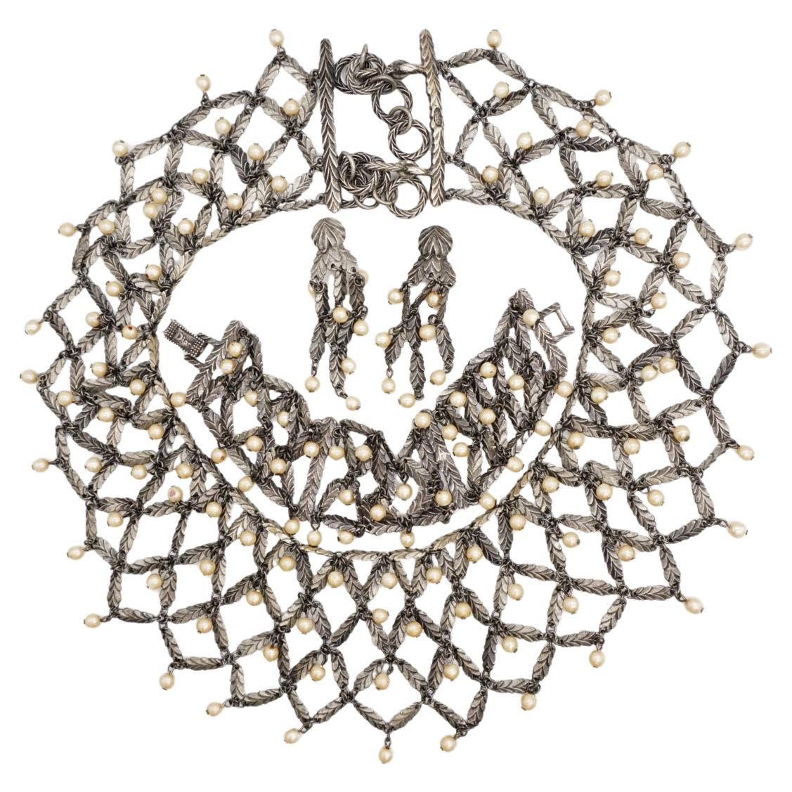 CHRISTIAN DIOR John Galliano 1998 Beads Pearls Leaf Feather Layer Lattice 3 Set For Sale