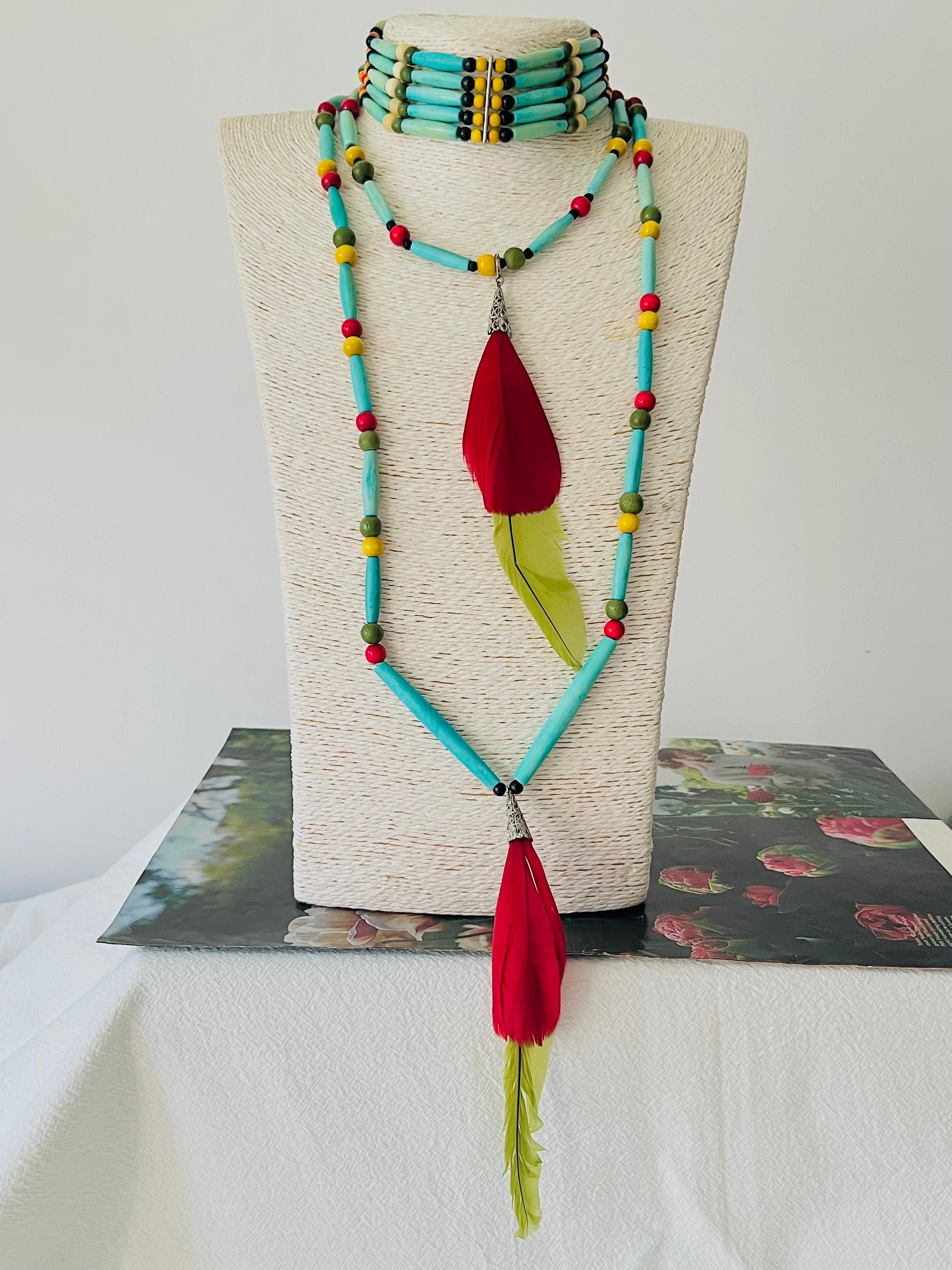 CHRISTIAN DIOR John Galliano for Christian Dior 1998 Collana con Piume Turchesi Red Greene & Greene 2 In condizioni buone in vendita a Wokingham, England