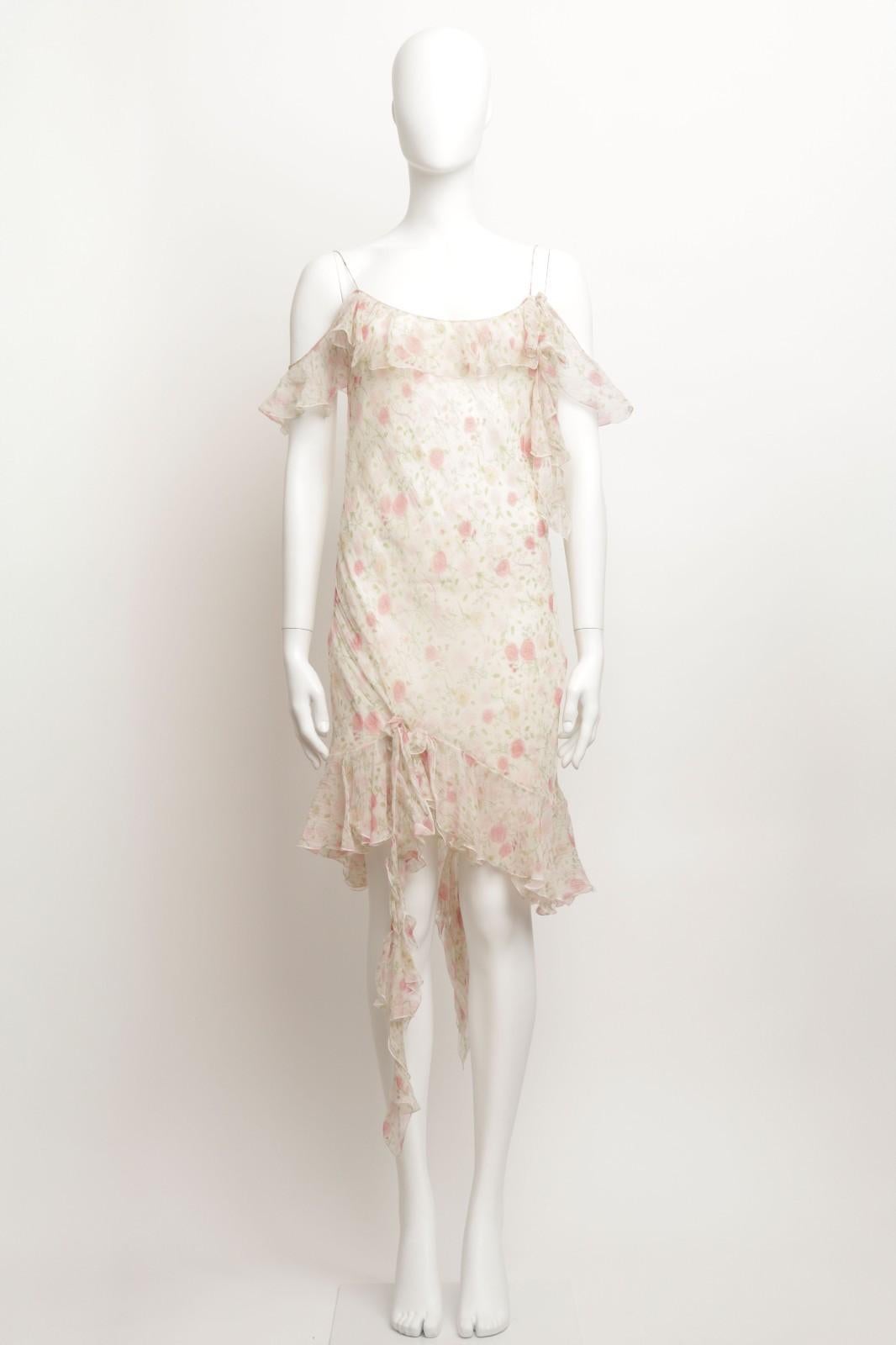 Christian Dior by John Galliano S/S 1999 Vestido de gasa de seda con estampado floral y corte al bies. 

Tirantes finos de gasa de seda enrollados a mano con detalles drapeados de gasa por encima de los hombros, cuerpo entallado de corte al bies y