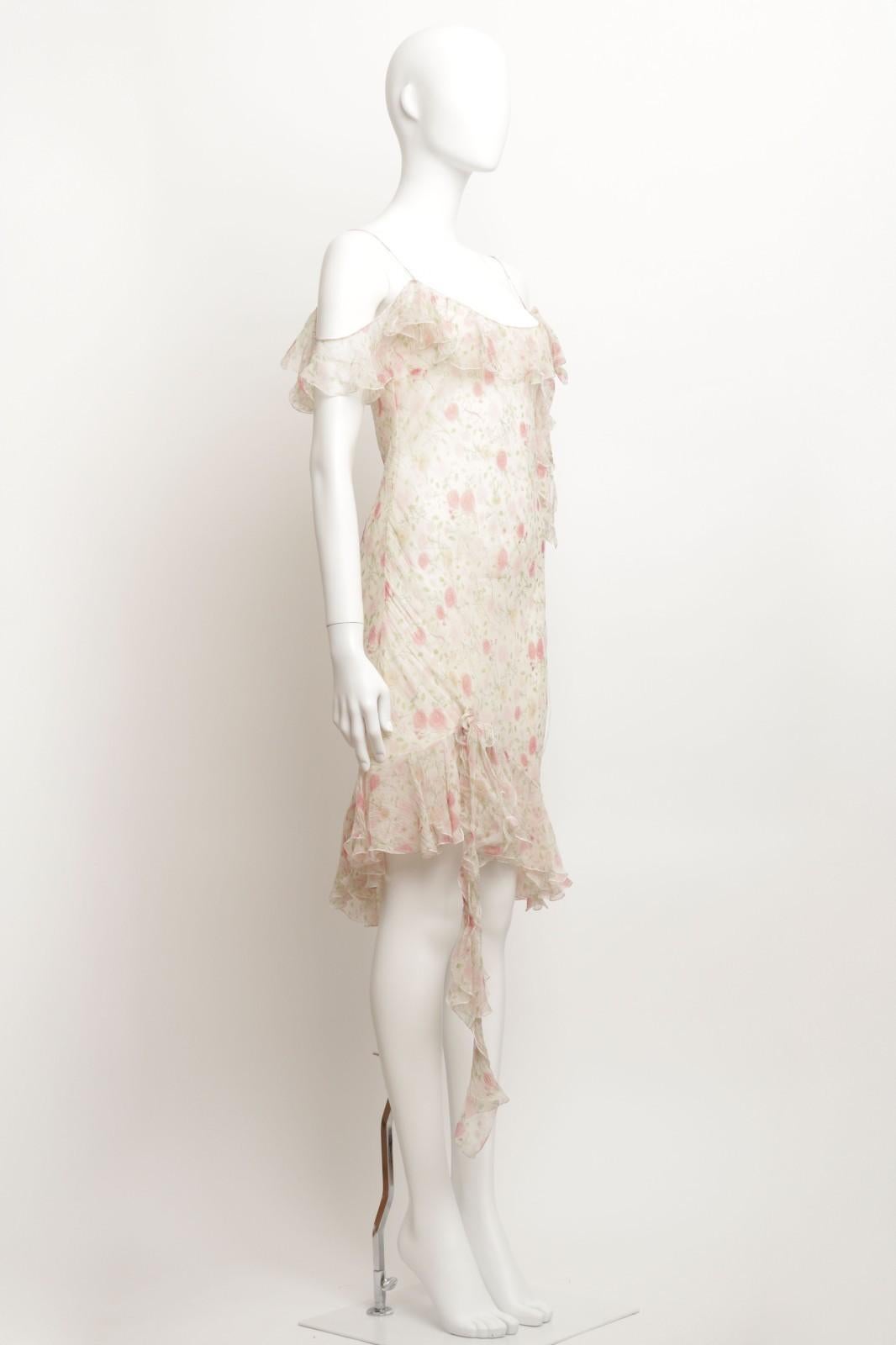 Christian Dior John Galliano 1999 Vestido con volantes de corte sesgado y estampado floral Beige en venta