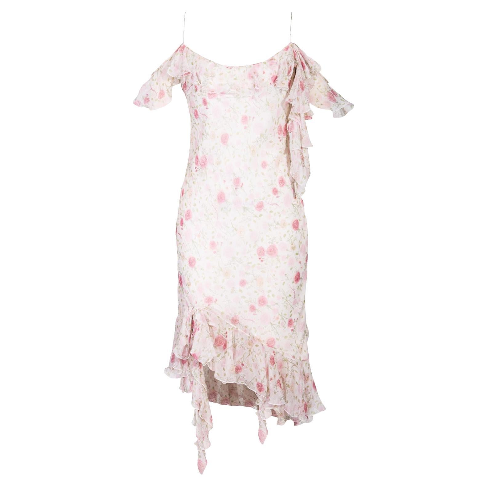 Christian Dior John Galliano 1999 Floral Print Bias Cut Ruffle Slip Dress
