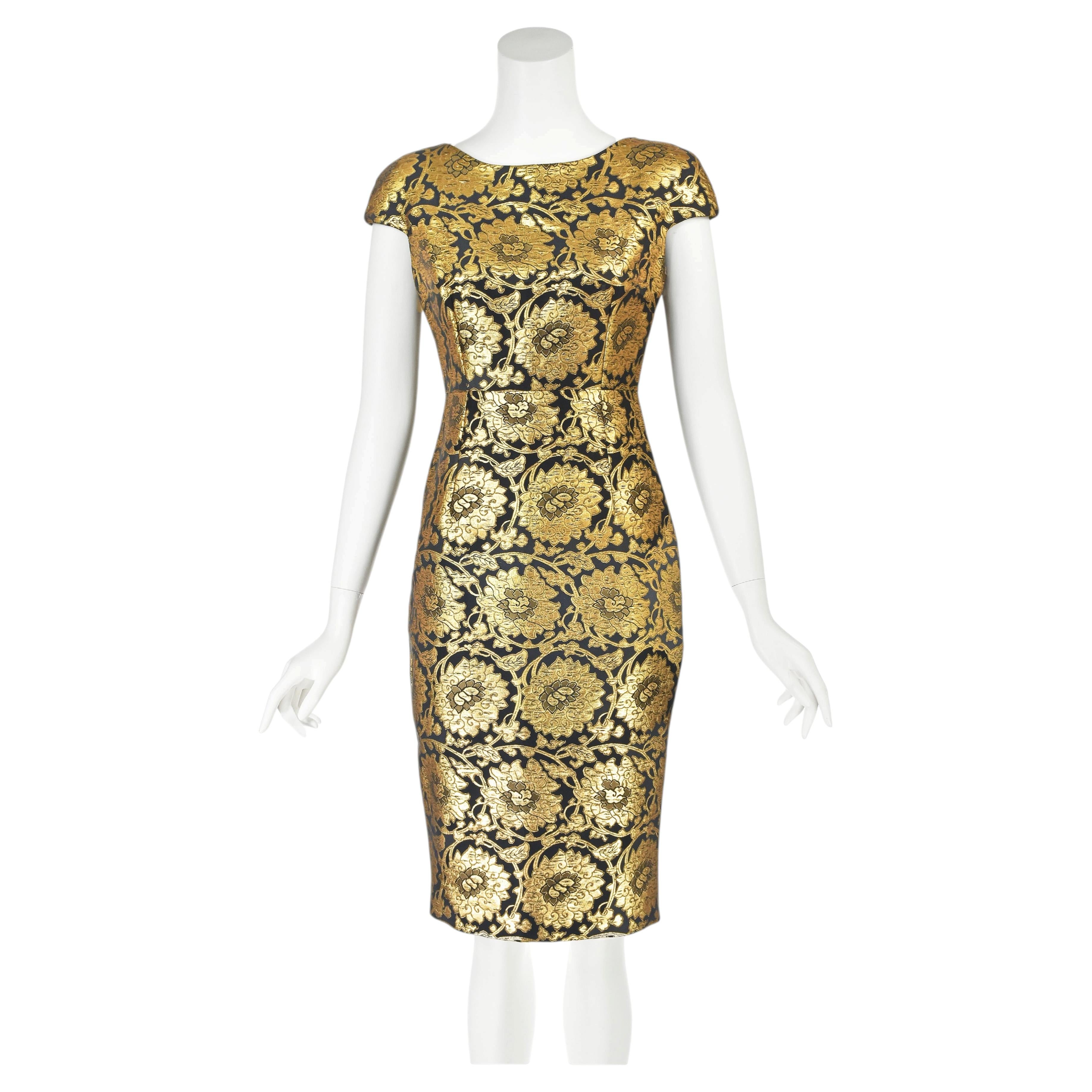 CHRISTIAN DIOR John Galliano 2009 – Schwarzes und goldenes Lamé-Cocktailkleid mit Blumenmuster, Größe 4