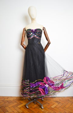 Christian Dior John Galliano AW 2001 Black Tulle Bustier Ball Gown Sequin Dress
