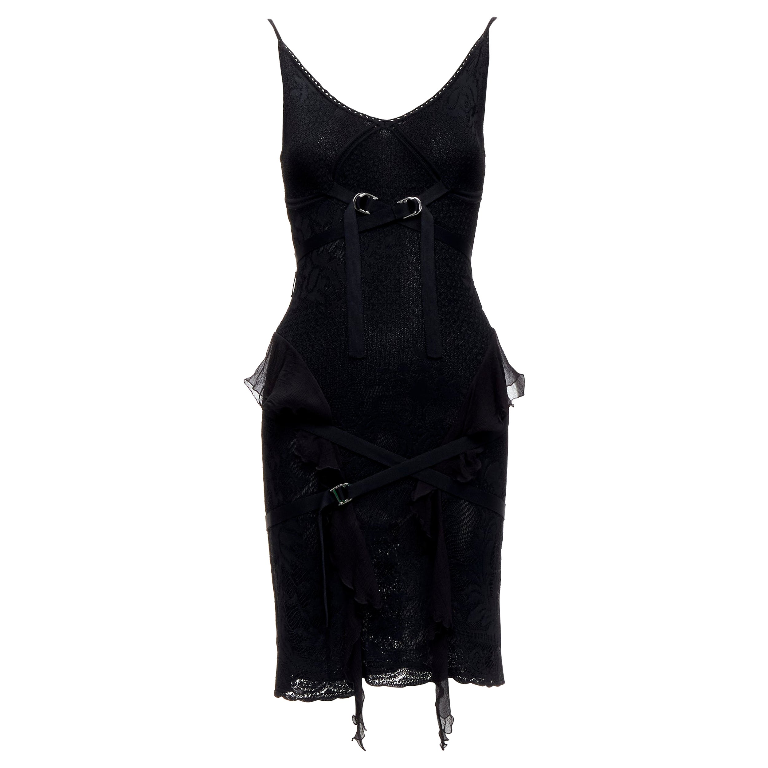 CHRISTIAN DIOR John Galliano black CD logo bondage floral knit dress FR36 S