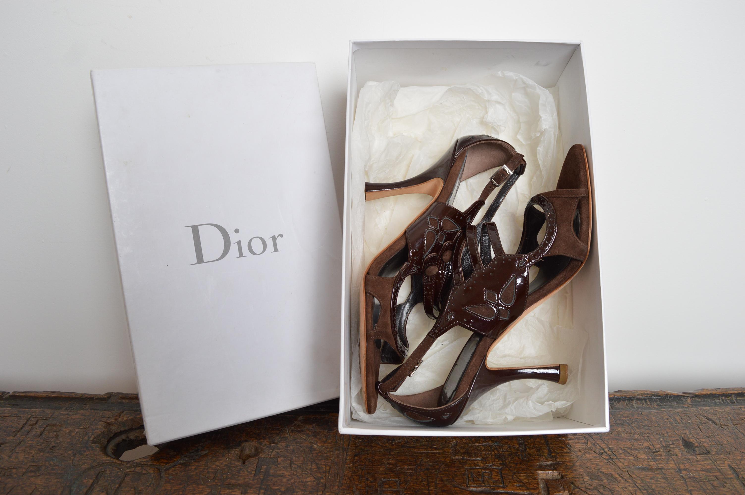 Christian Dior John Galliano Brown Suede Patent Mary Jane sandals Peep Toe Heels For Sale 10