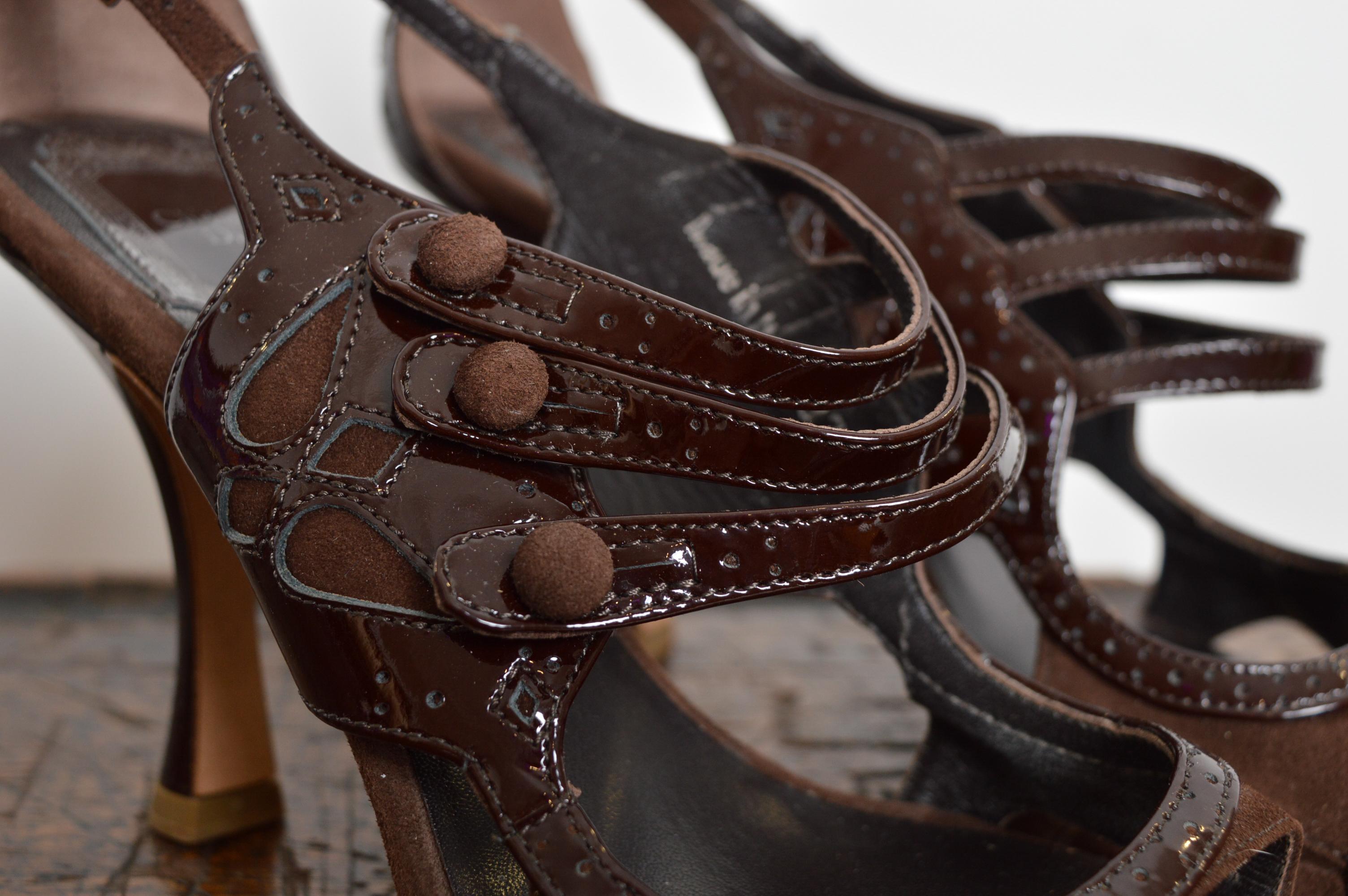 Women's Christian Dior John Galliano Brown Suede Patent Mary Jane sandals Peep Toe Heels For Sale