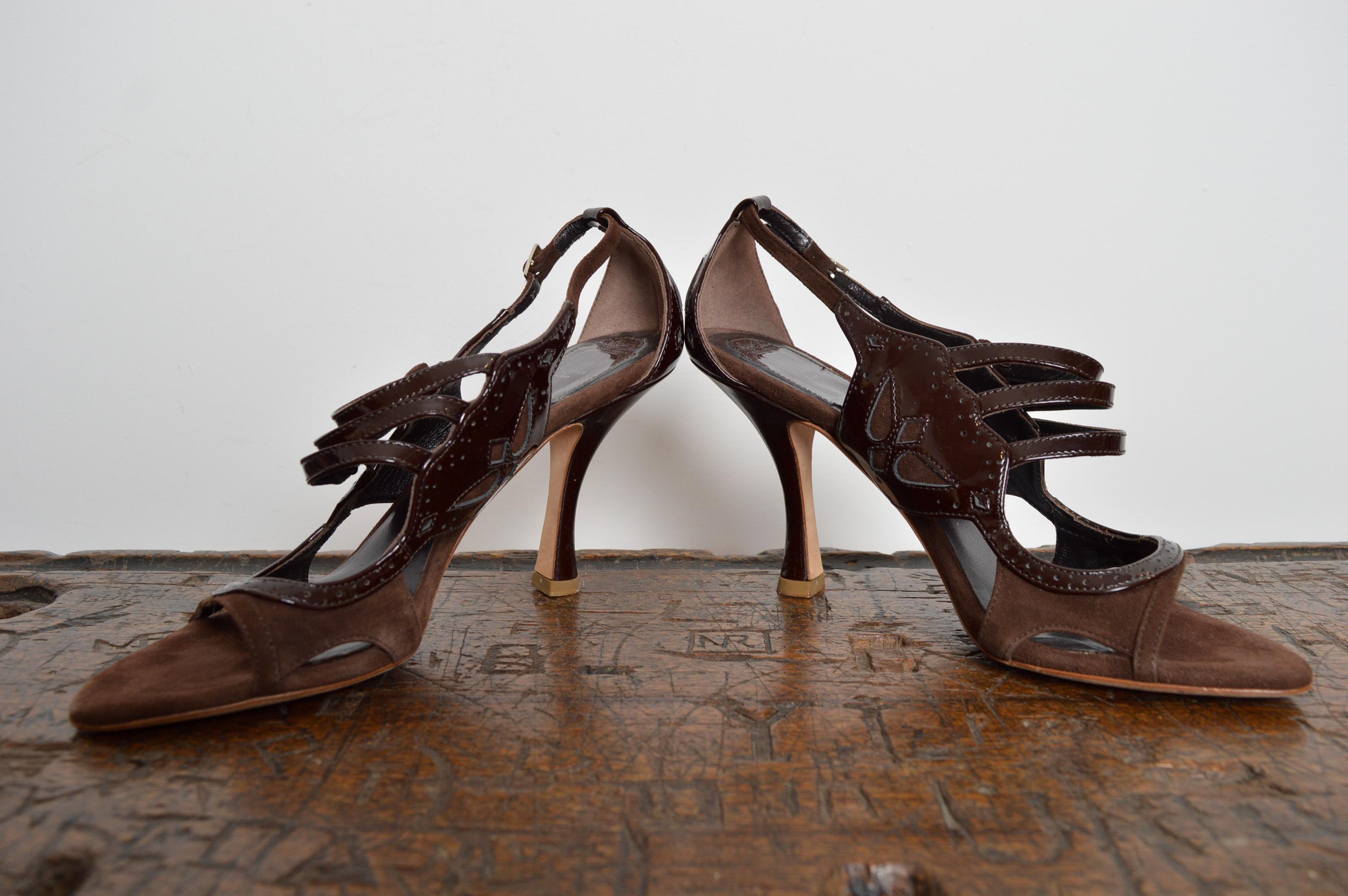 Christian Dior John Galliano Brown Suede Patent Mary Jane sandals Peep Toe Heels For Sale 2