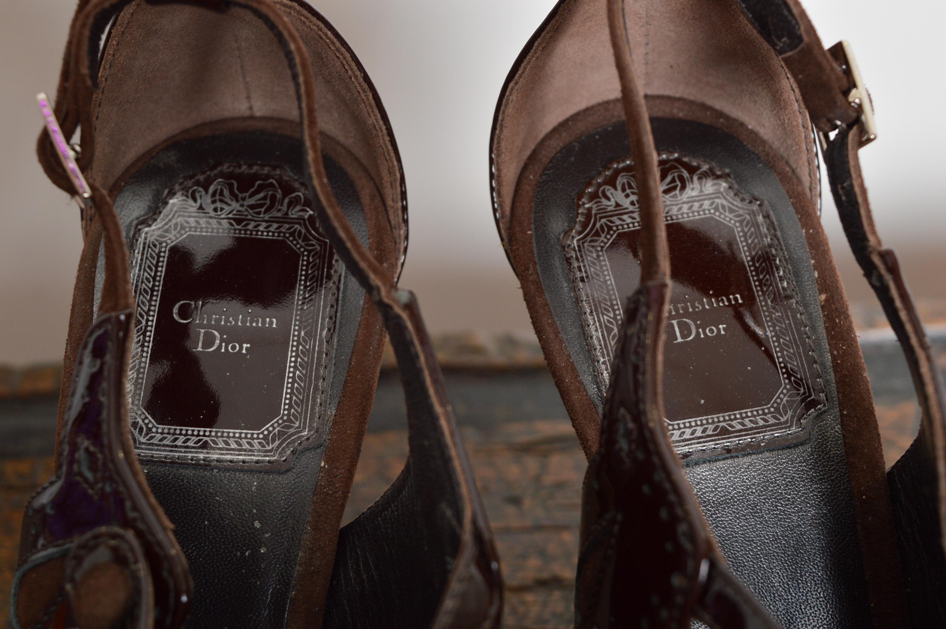 Christian Dior John Galliano Brown Suede Patent Mary Jane sandals Peep Toe Heels For Sale 3