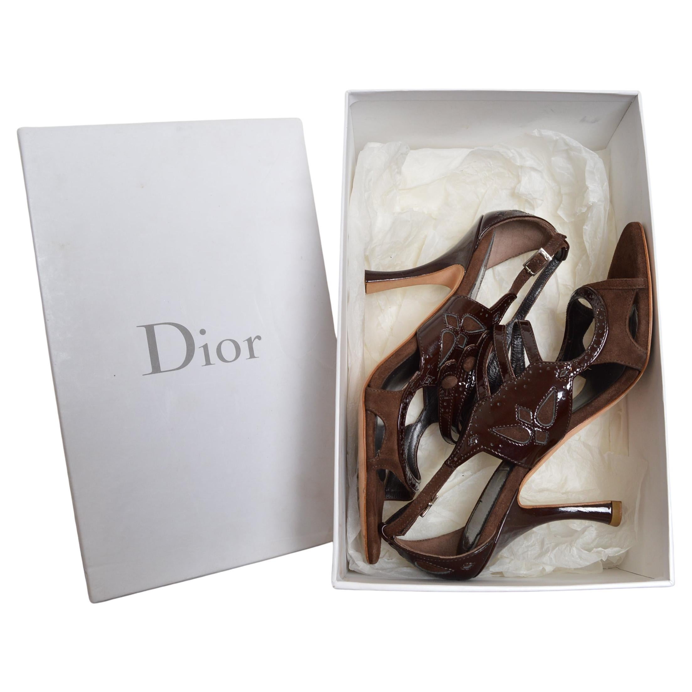 Christian Dior John Galliano Brown Suede Patent Mary Jane sandals Peep Toe Heels For Sale