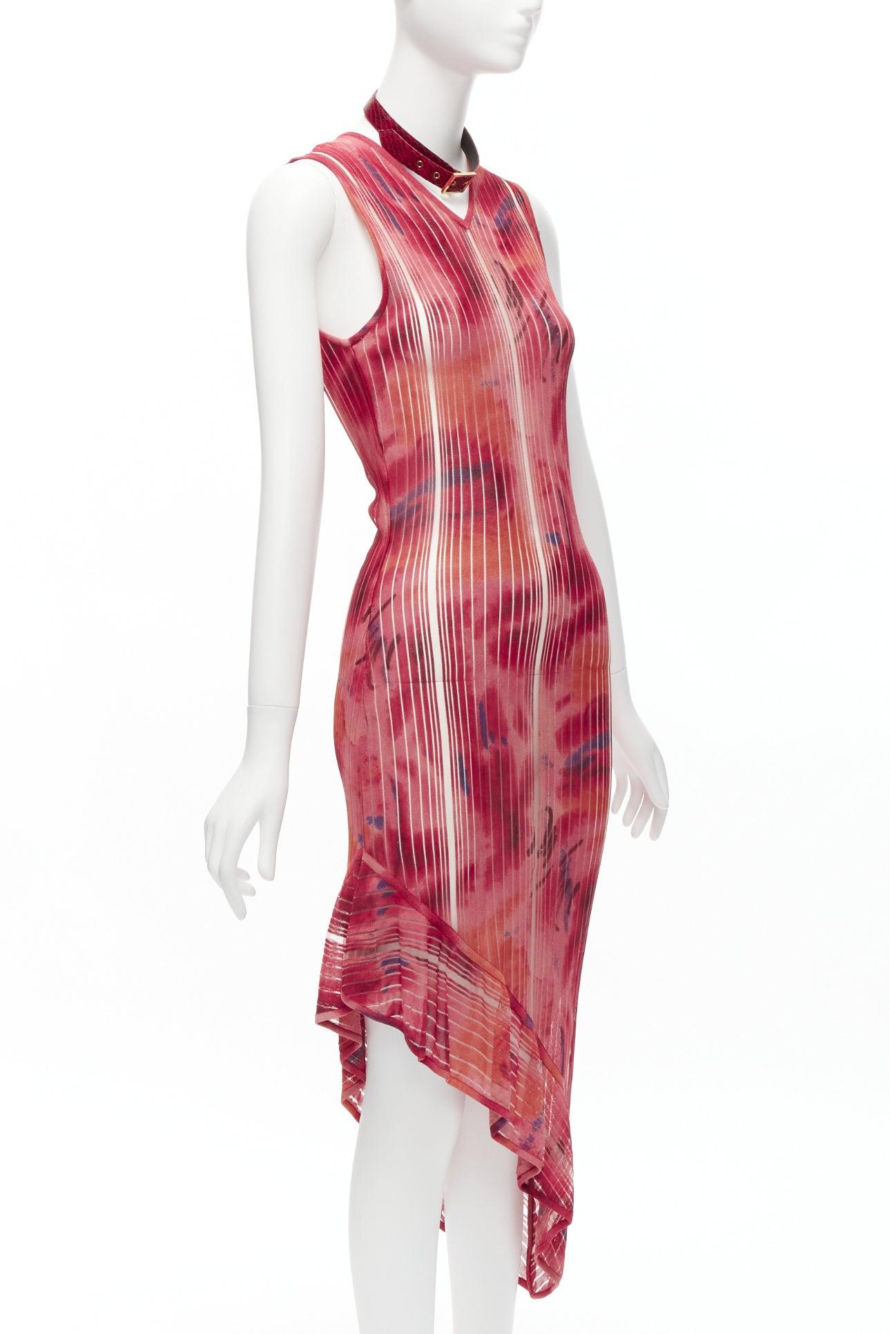 CHRISTIAN DIOR John Galliano choker lattice asymmetric hem sheer dress FR38 M In Good Condition For Sale In Hong Kong, NT