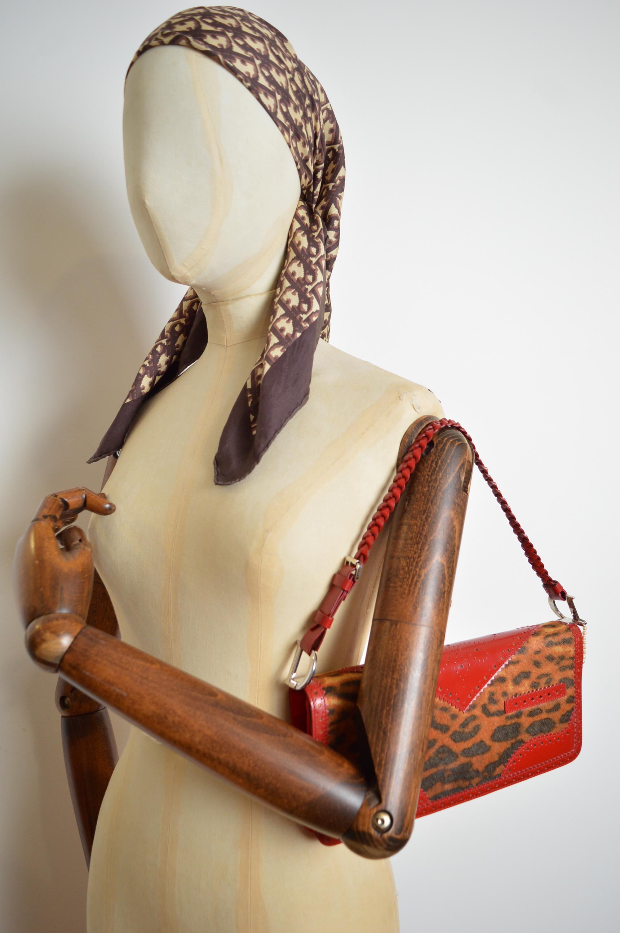 Christian Dior John Galliano D'Trick Red leather Leopard pony Skin Shoulder Bag For Sale 5